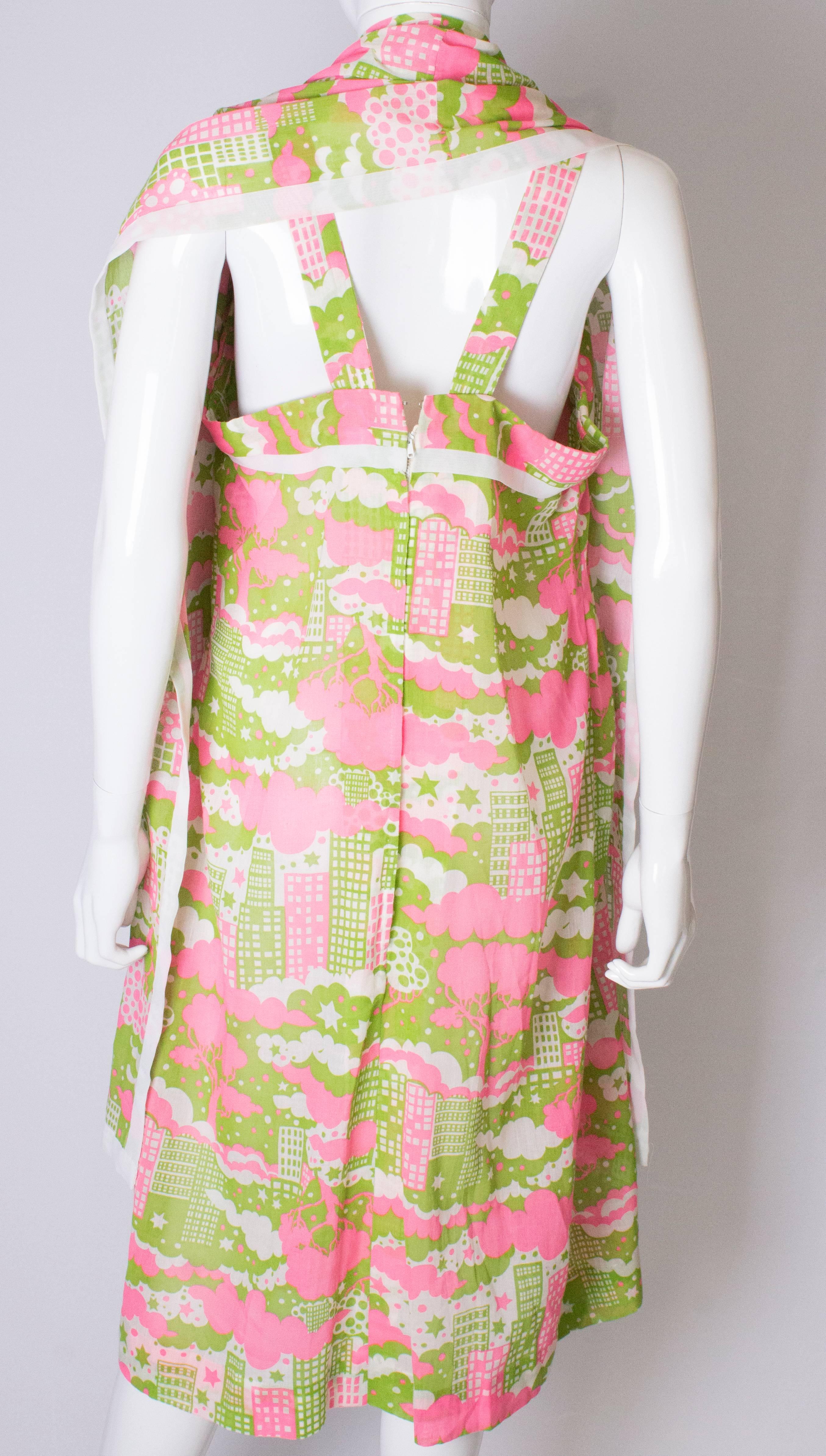 A Vintage 1960s Colourful  Print Sundress and Matching Scarf For Sale 2