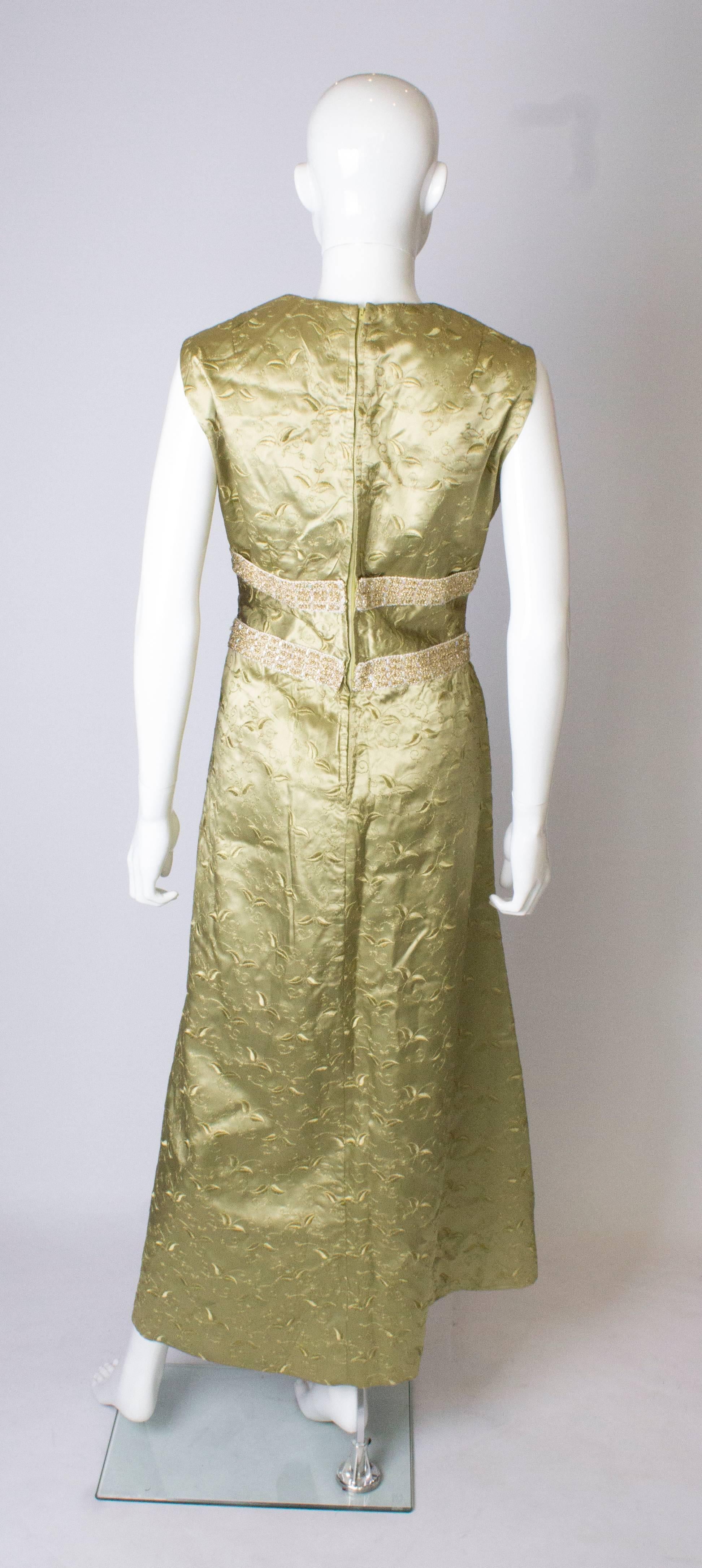 A Vintage 1960s Sage Green Embroidered Evening  Gown In Good Condition In London, GB