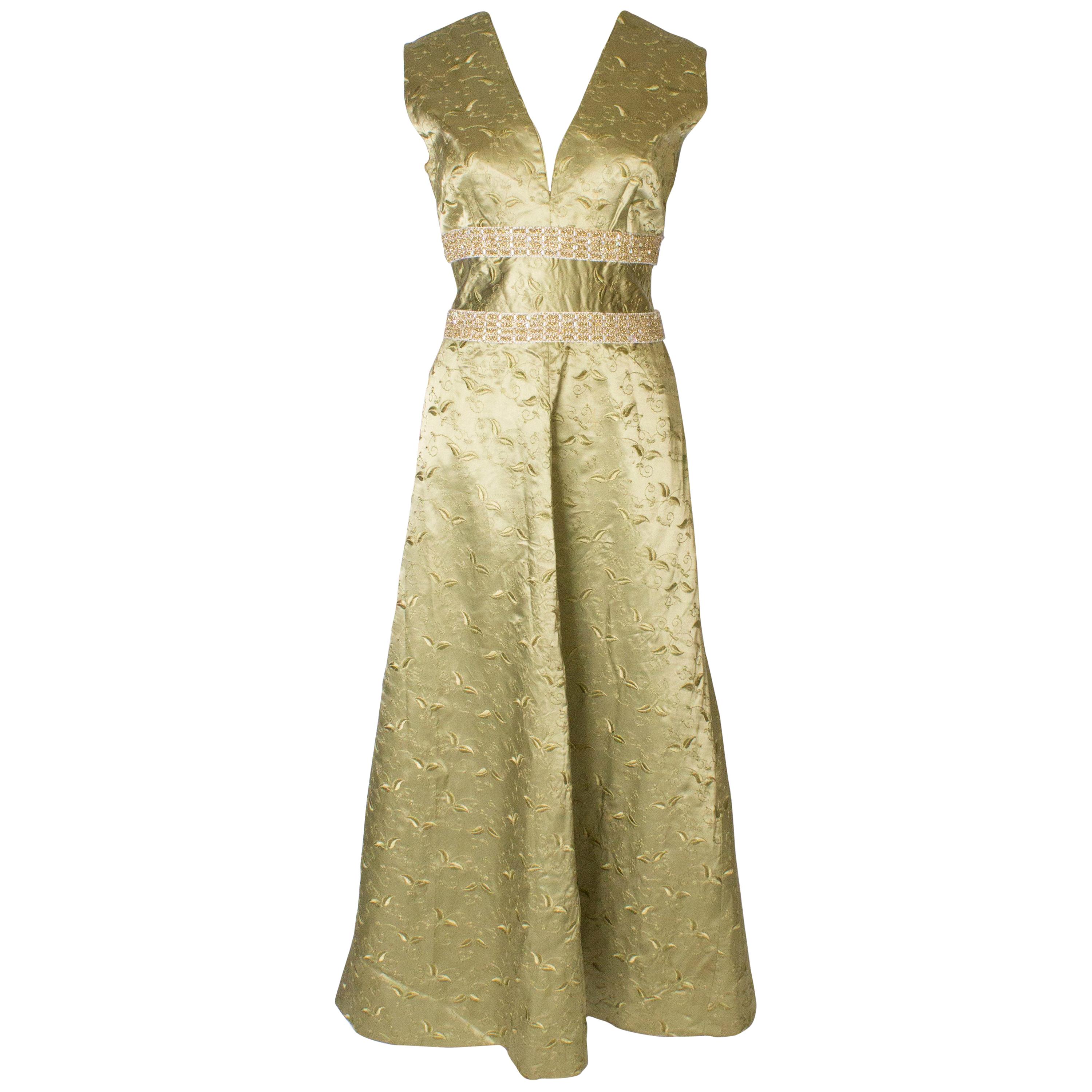 A Vintage 1960s Sage Green Embroidered Evening  Gown