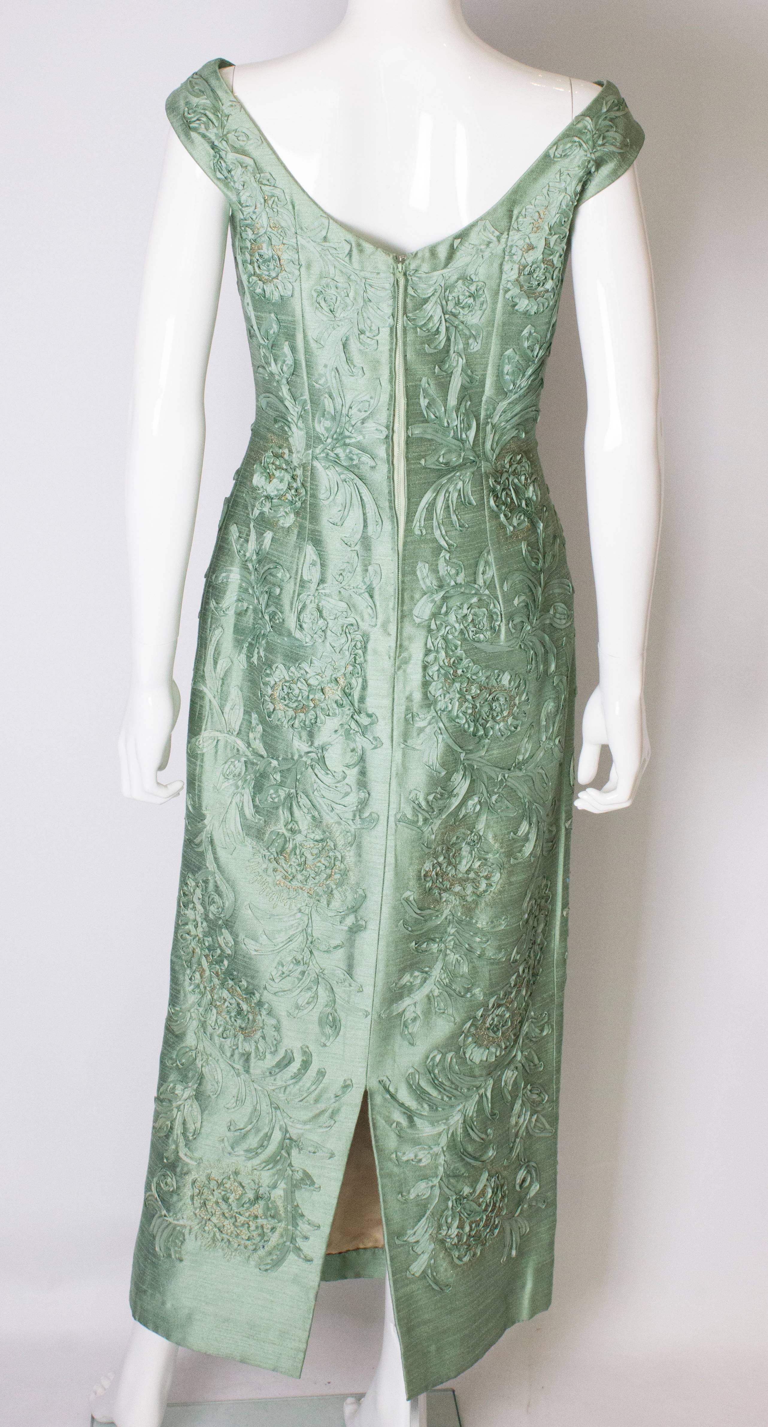 A Vintage 1960s Sage Green  Gown with Ribbon Detail 2