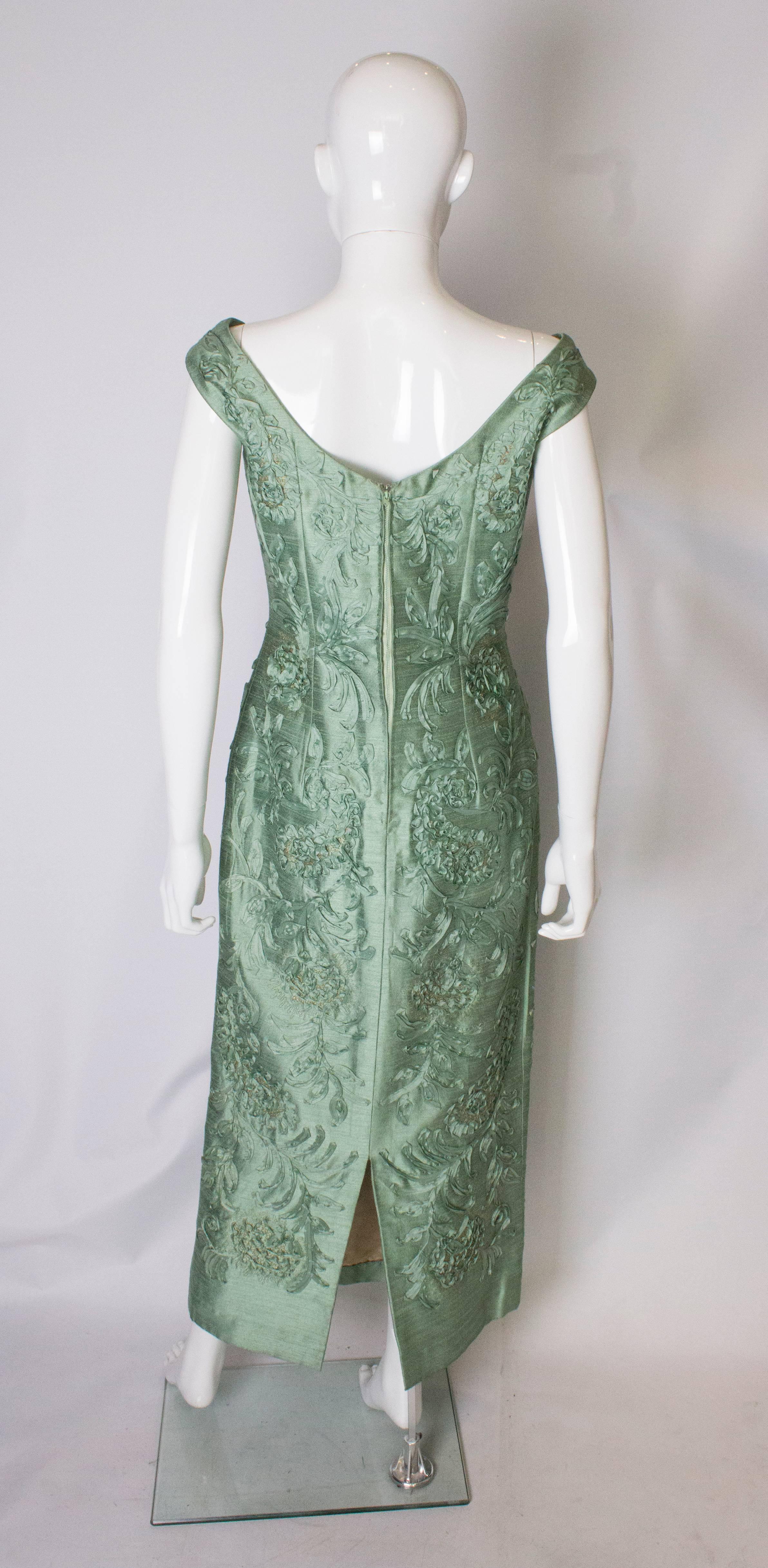 Women's A Vintage 1960s Sage Green  Gown with Ribbon Detail