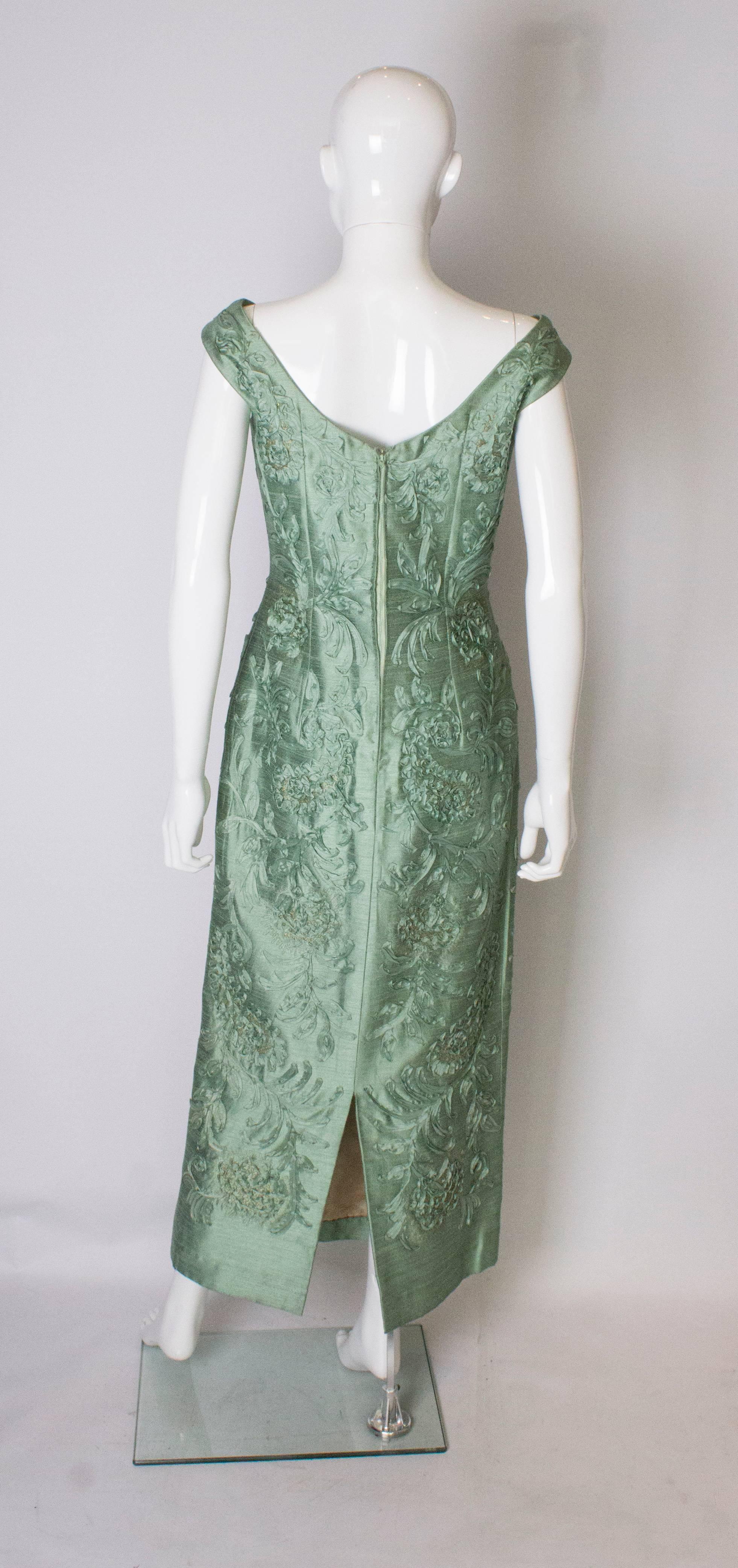 A Vintage 1960s Sage Green  Gown with Ribbon Detail 1