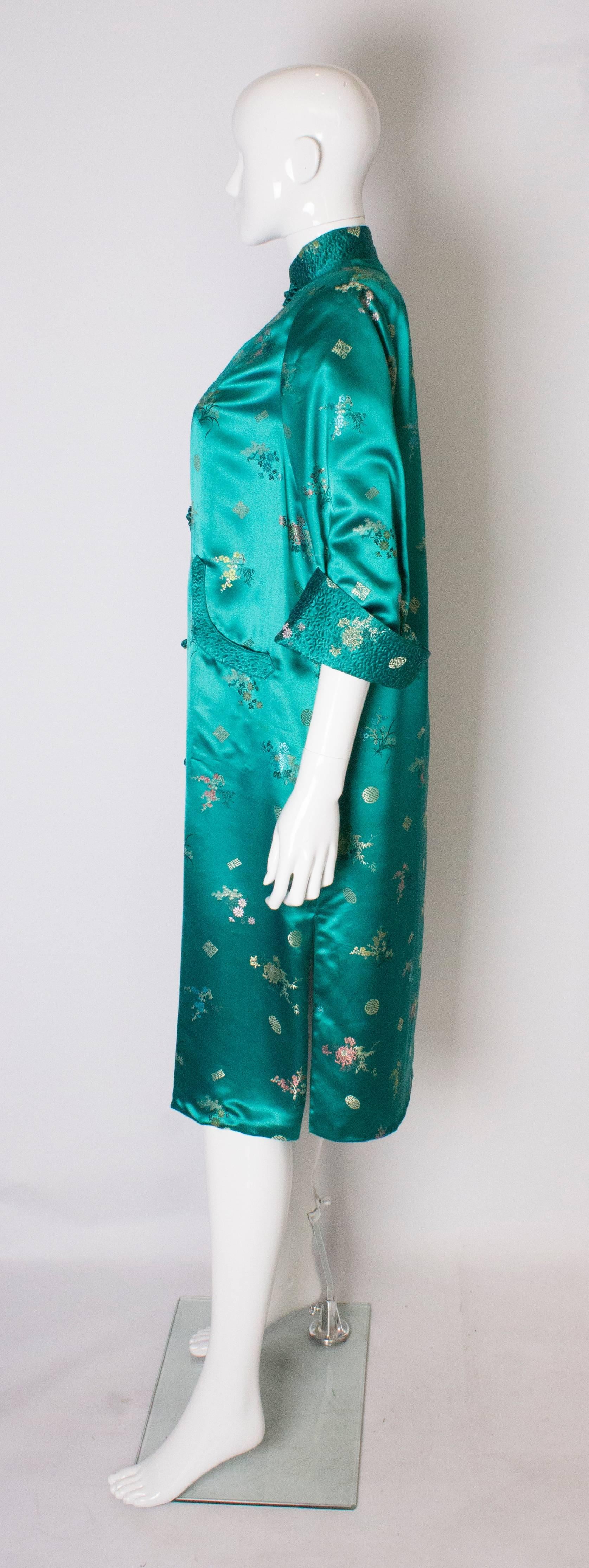 Women's A Vintage 1970s Turquoise Chinese Coat with Stand-up Collar & Decorative Pockets