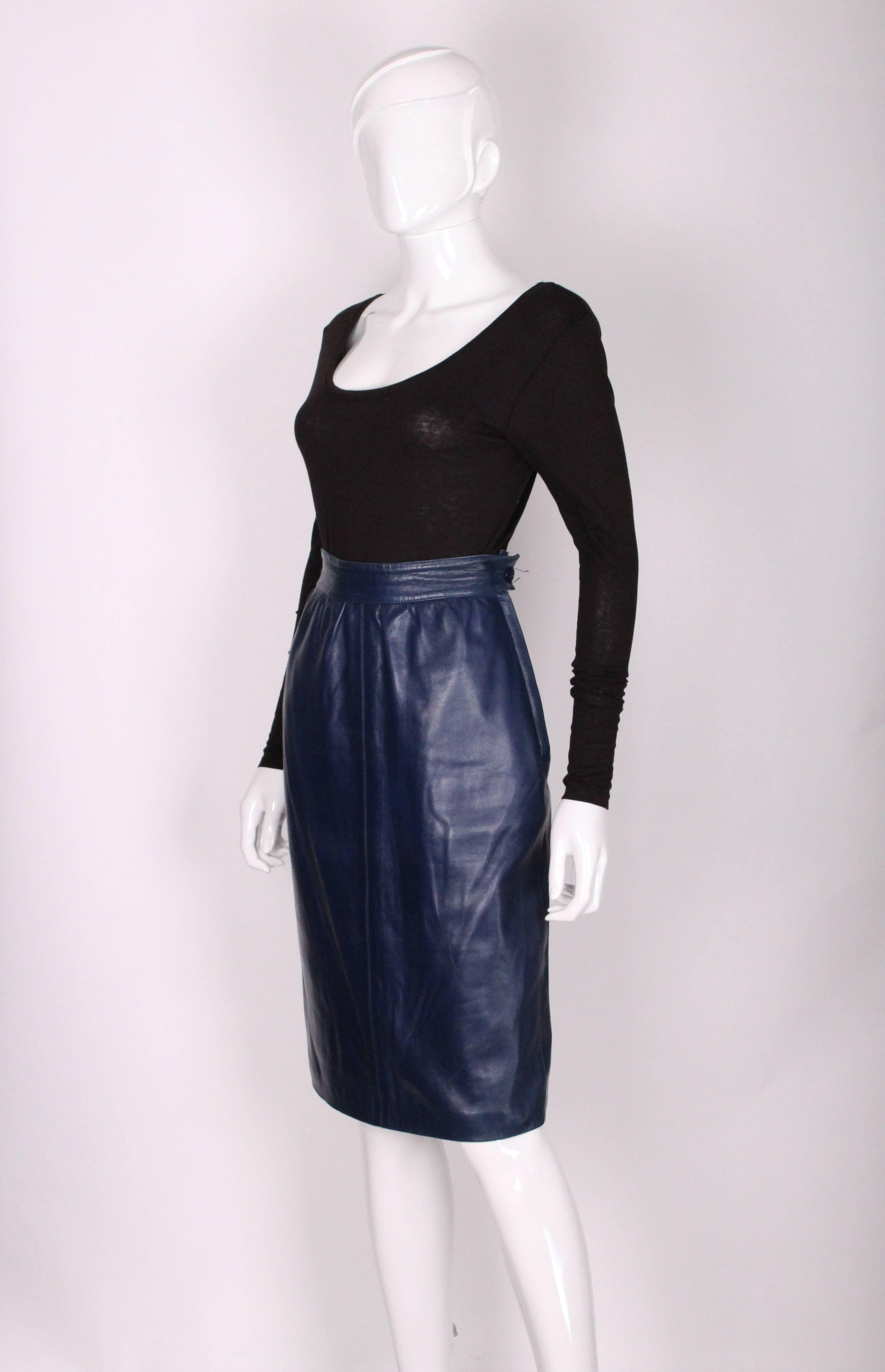 A vintage 1980s Blue Leather Skirt by Yves Saint Laurent Rive Gauche In Excellent Condition In London, GB