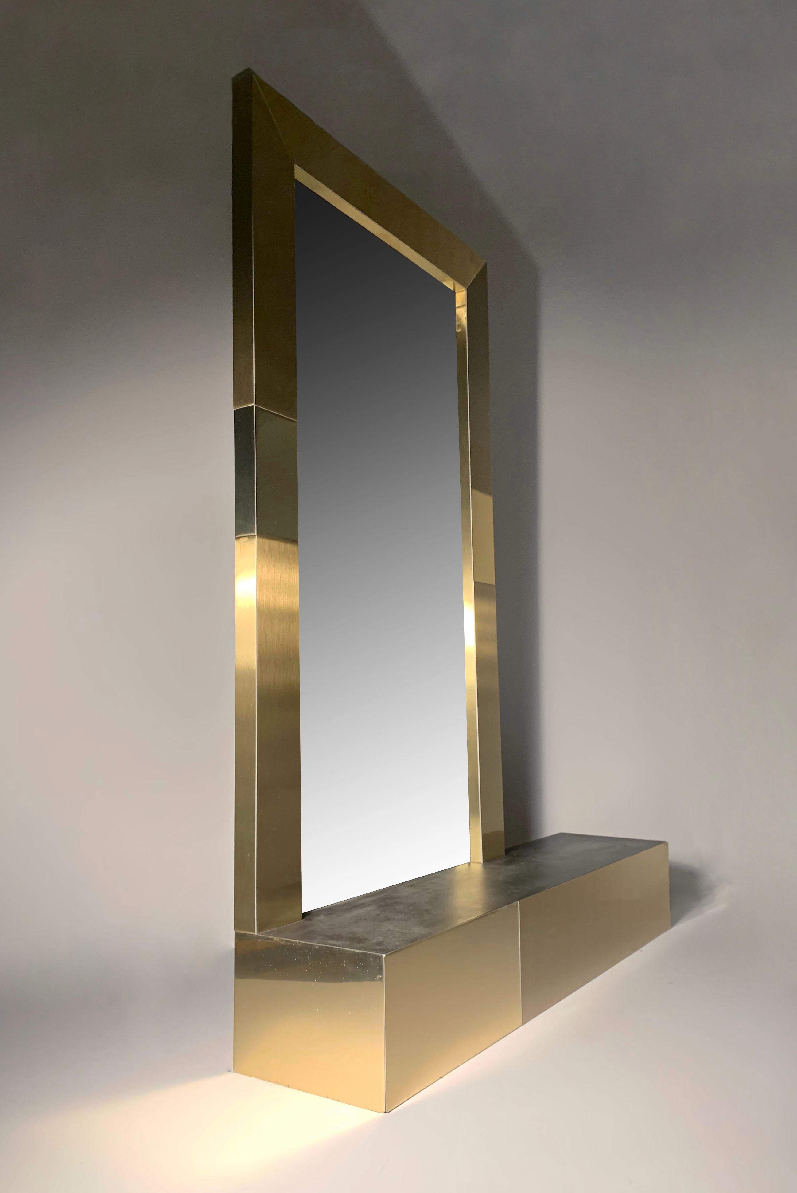 Mid-Century Modern Vintage Brass Mirror Architectural Console Shelf Attributed to Paul Evans For Sale