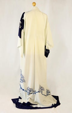 A vintage 1980s full length  kimono in indigo blue pine trees on white.