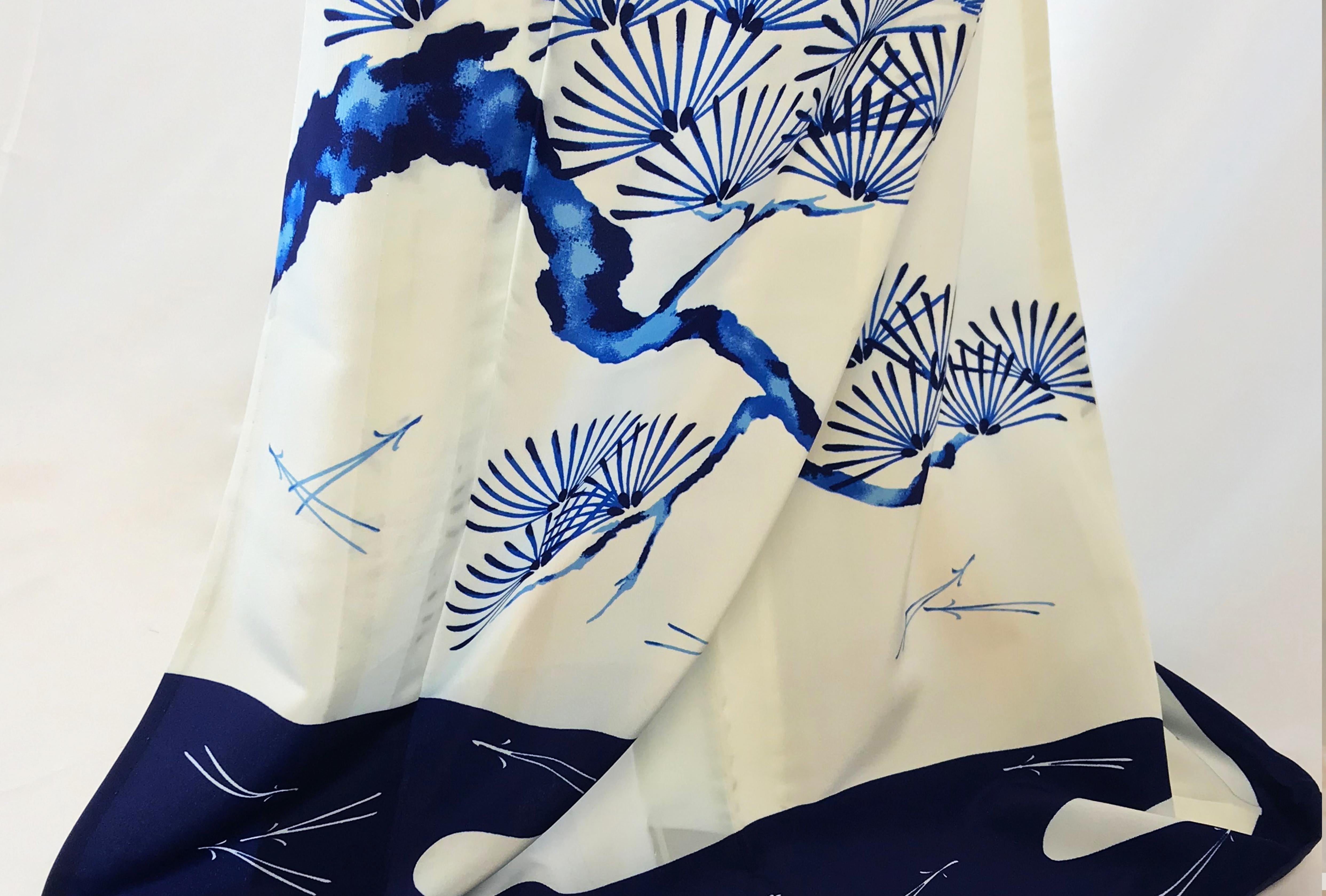 Blue A vintage 1980s full length  kimono in indigo blue pine trees on white.