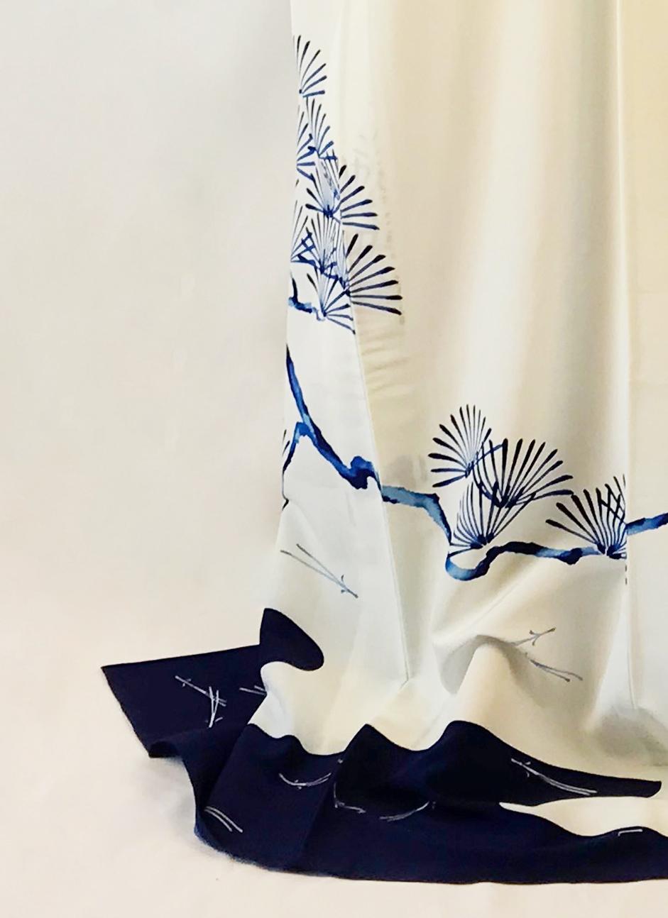 Women's or Men's A vintage 1980s full length  kimono in indigo blue pine trees on white.