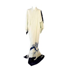 A Retro 1980s full length  kimono in indigo blue pine trees on white.