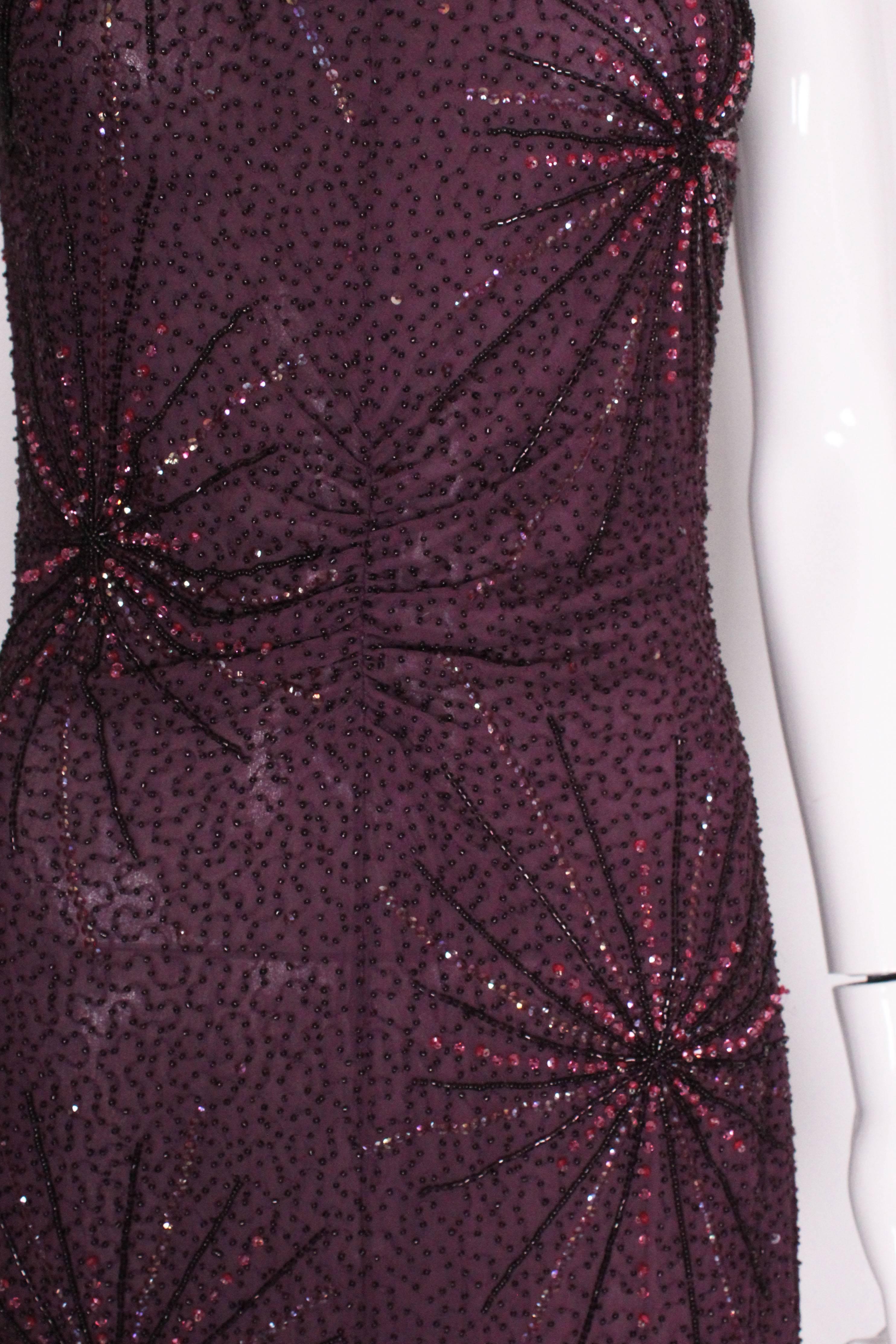 A vintage 1990s purple Tomsaz Starzewski Aubergine Beaded Cocktail Dress For Sale 1