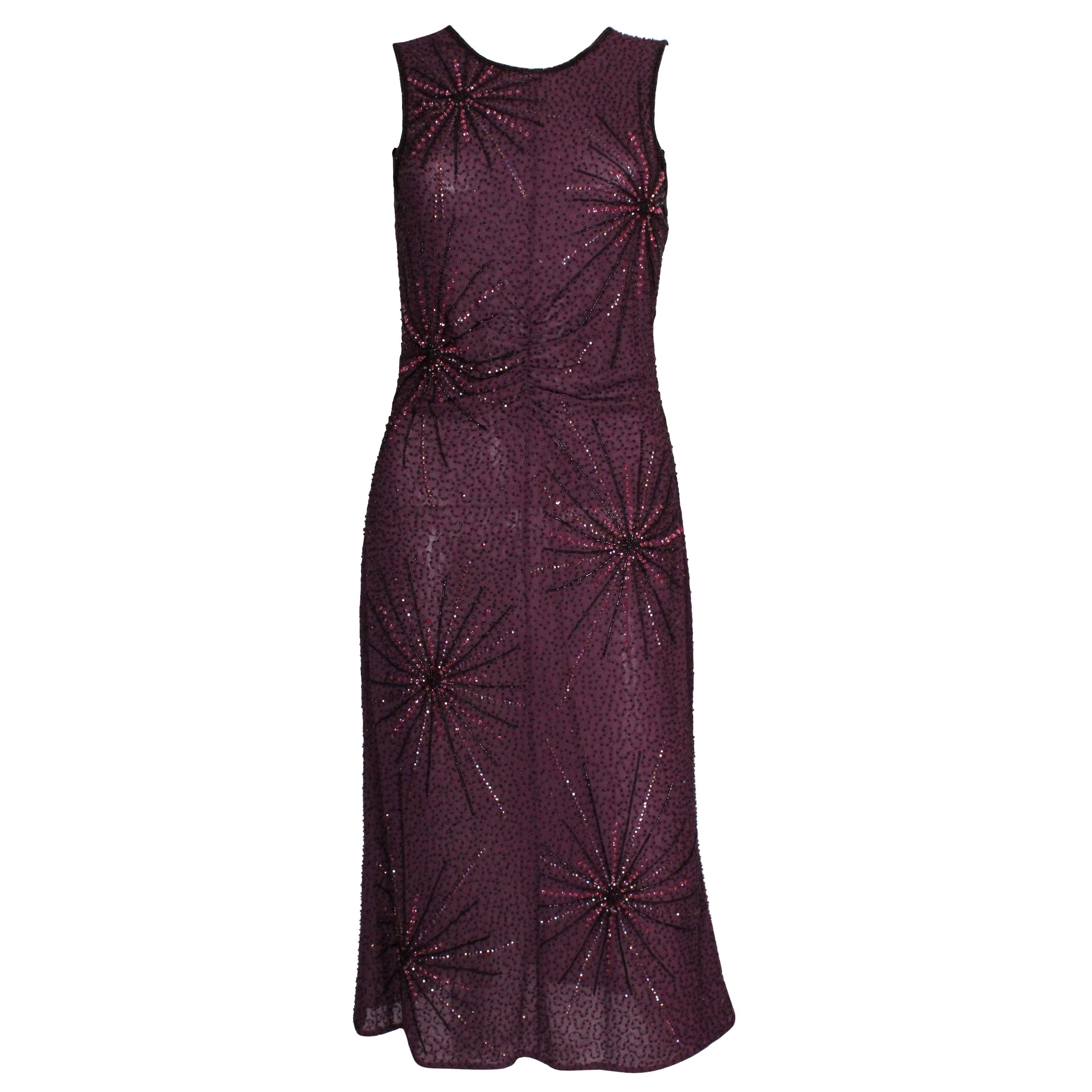 Robe de cocktail violette Tomsaz Starzewski Aubergine perlée vintage des années 1990 en vente