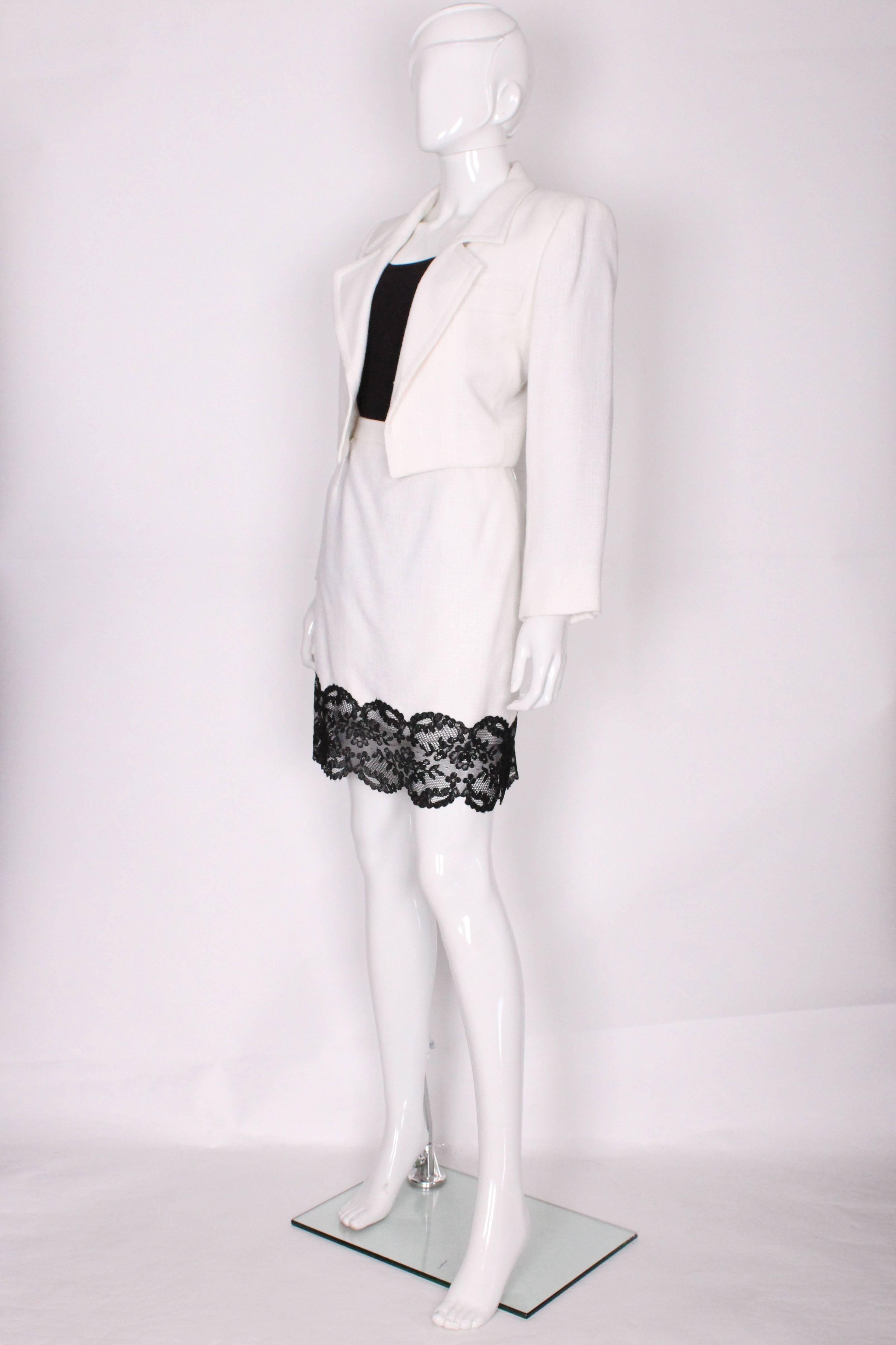 Gray A vintage 1990s white with black lace trim Yves Saint Laurent Skirt Suit
