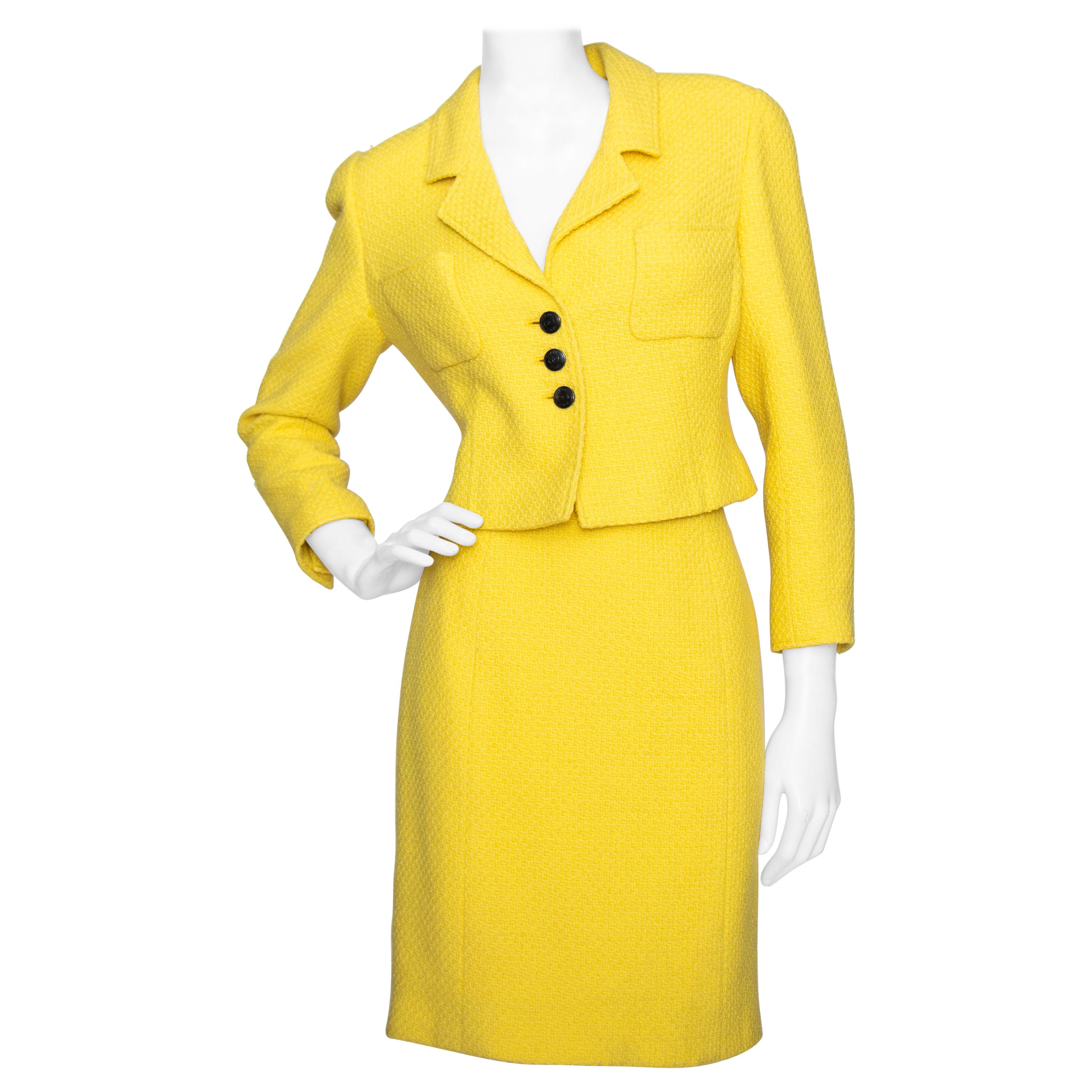 A Vintage 1997 Cruise Collection Chanel Canary Yellow Skirt Suit For Sale