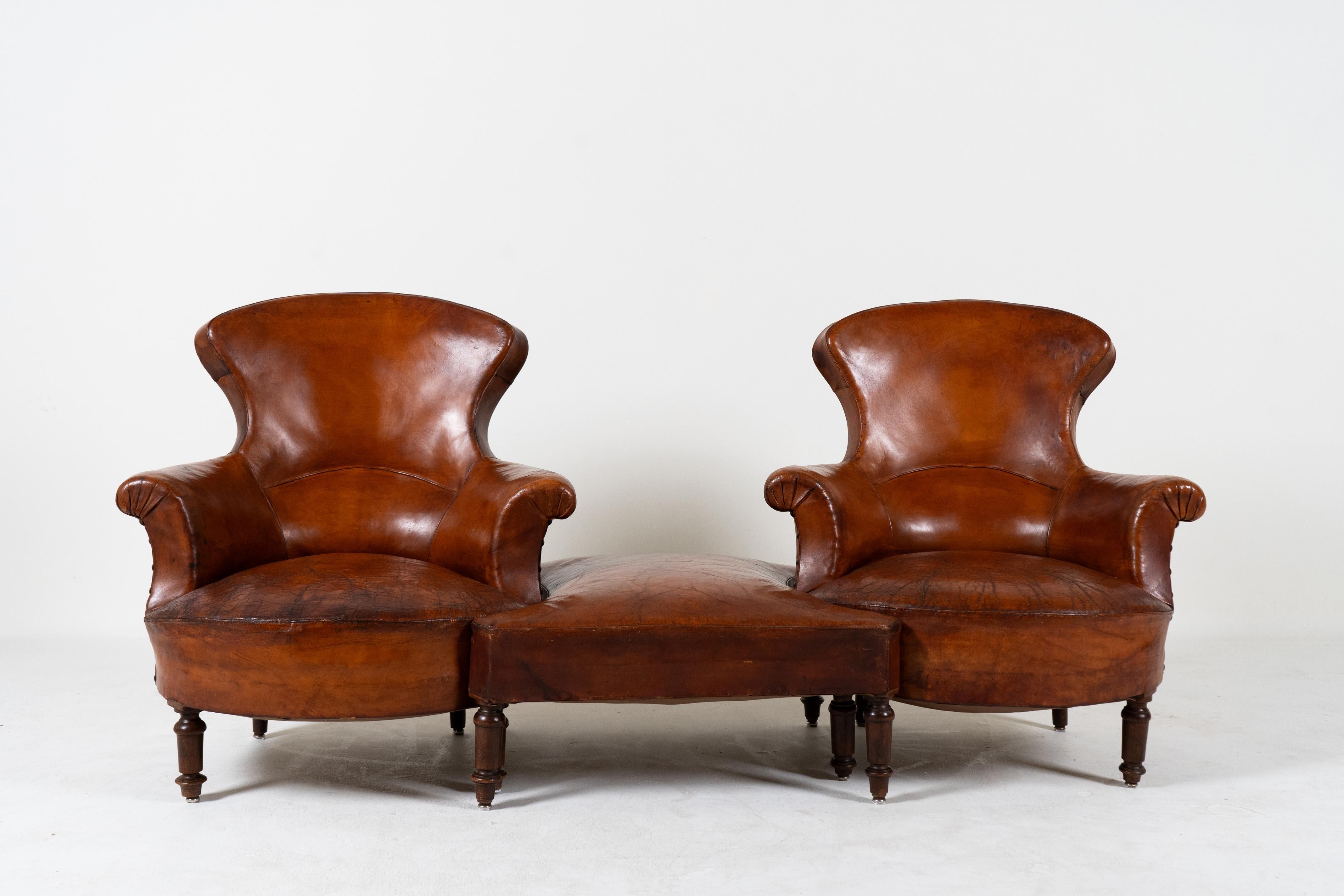 French A Vintage 3 Piece Set of Leather Chairs with a Stool, France c.1940
