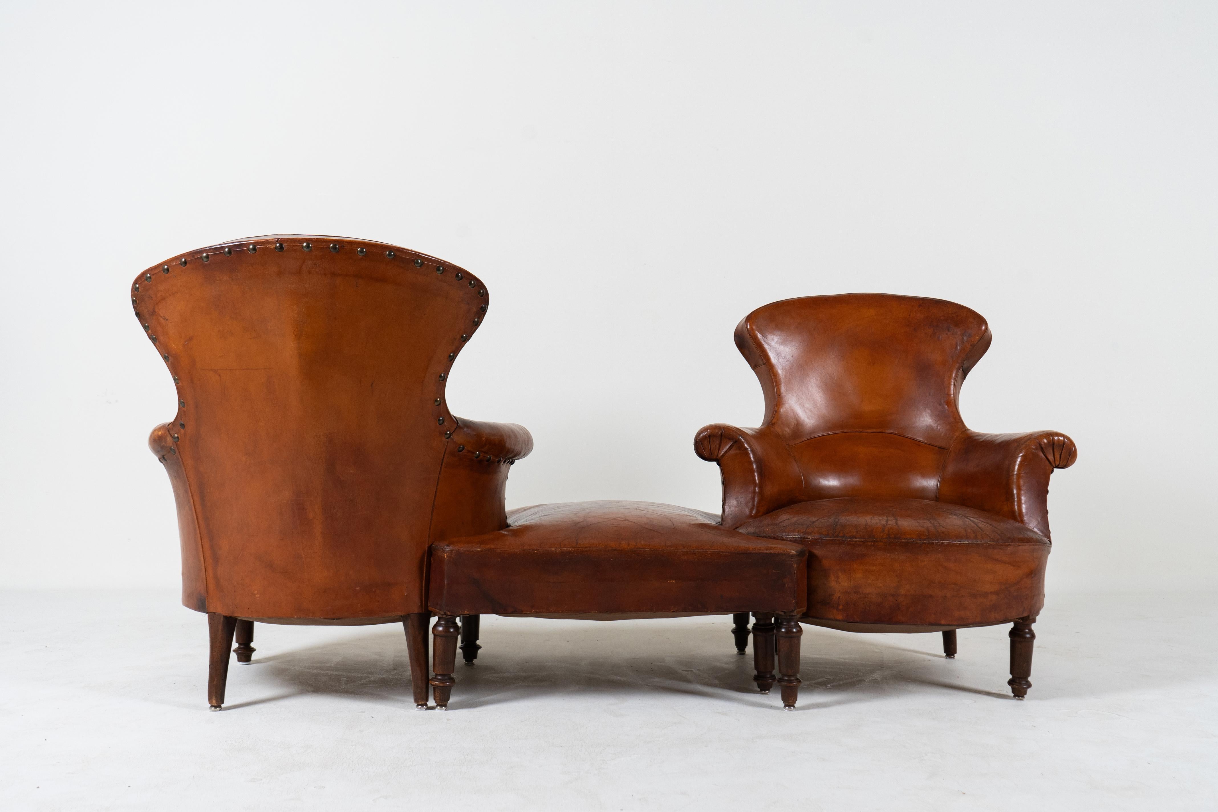 A Vintage 3 Piece Set of Leather Chairs with a Stool, France c.1940 1