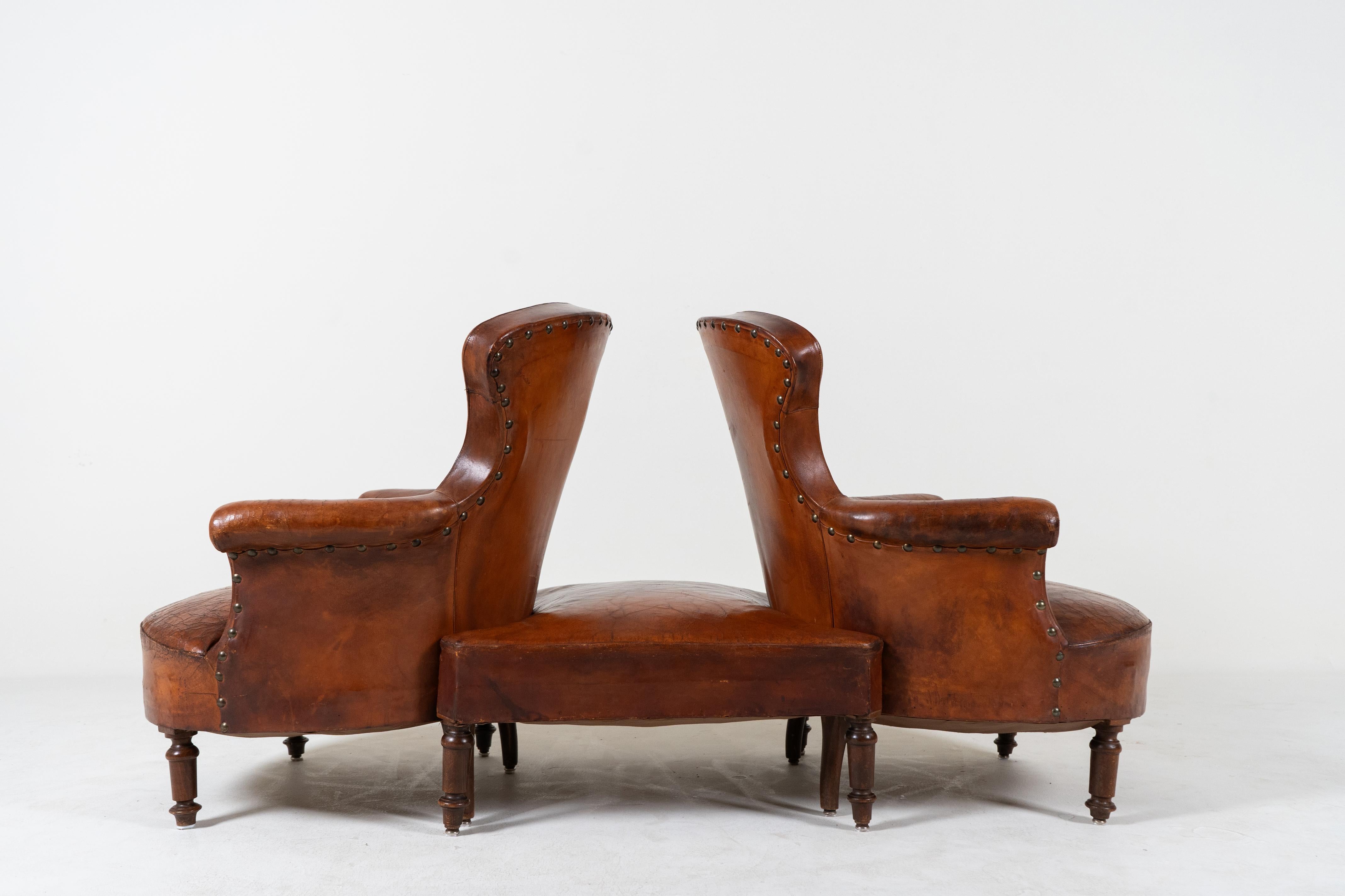 A Vintage 3 Piece Set of Leather Chairs with a Stool, France c.1940 2