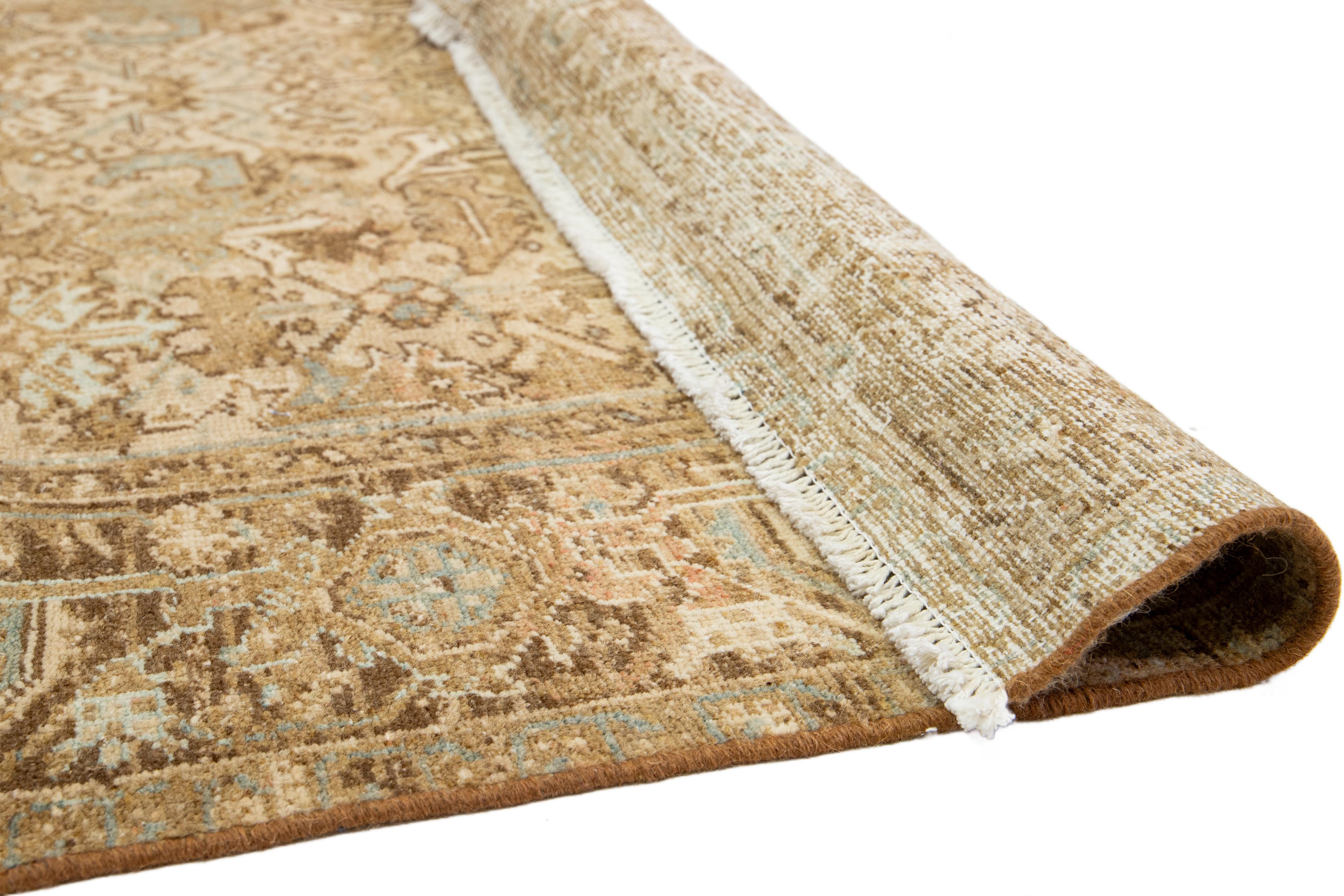 Heriz Serapi A Vintage Allover Designed Persian Heriz Wool Rug Handmade In Beige For Sale