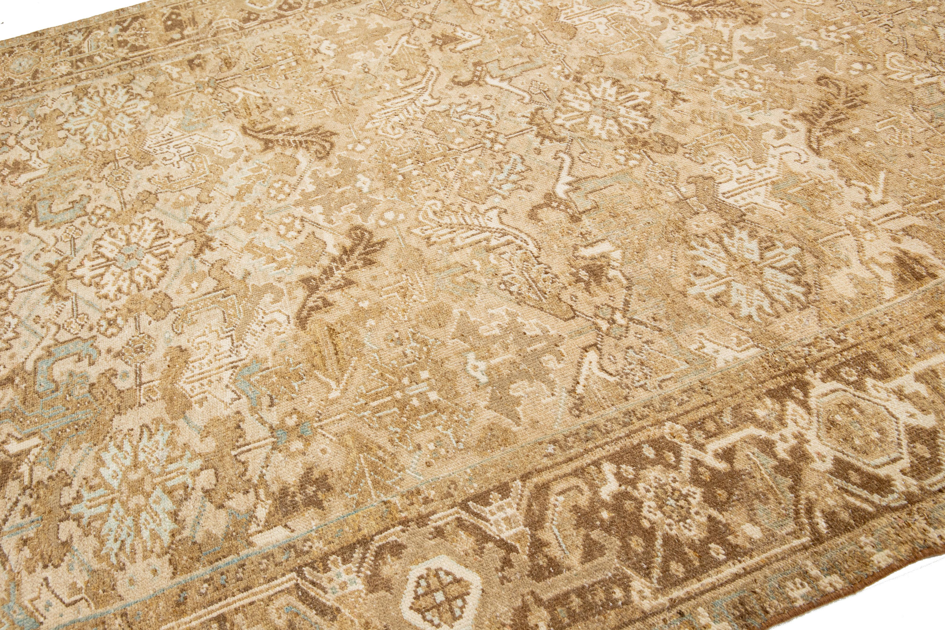 Hand-Knotted A Vintage Allover Designed Persian Heriz Wool Rug Handmade In Beige For Sale