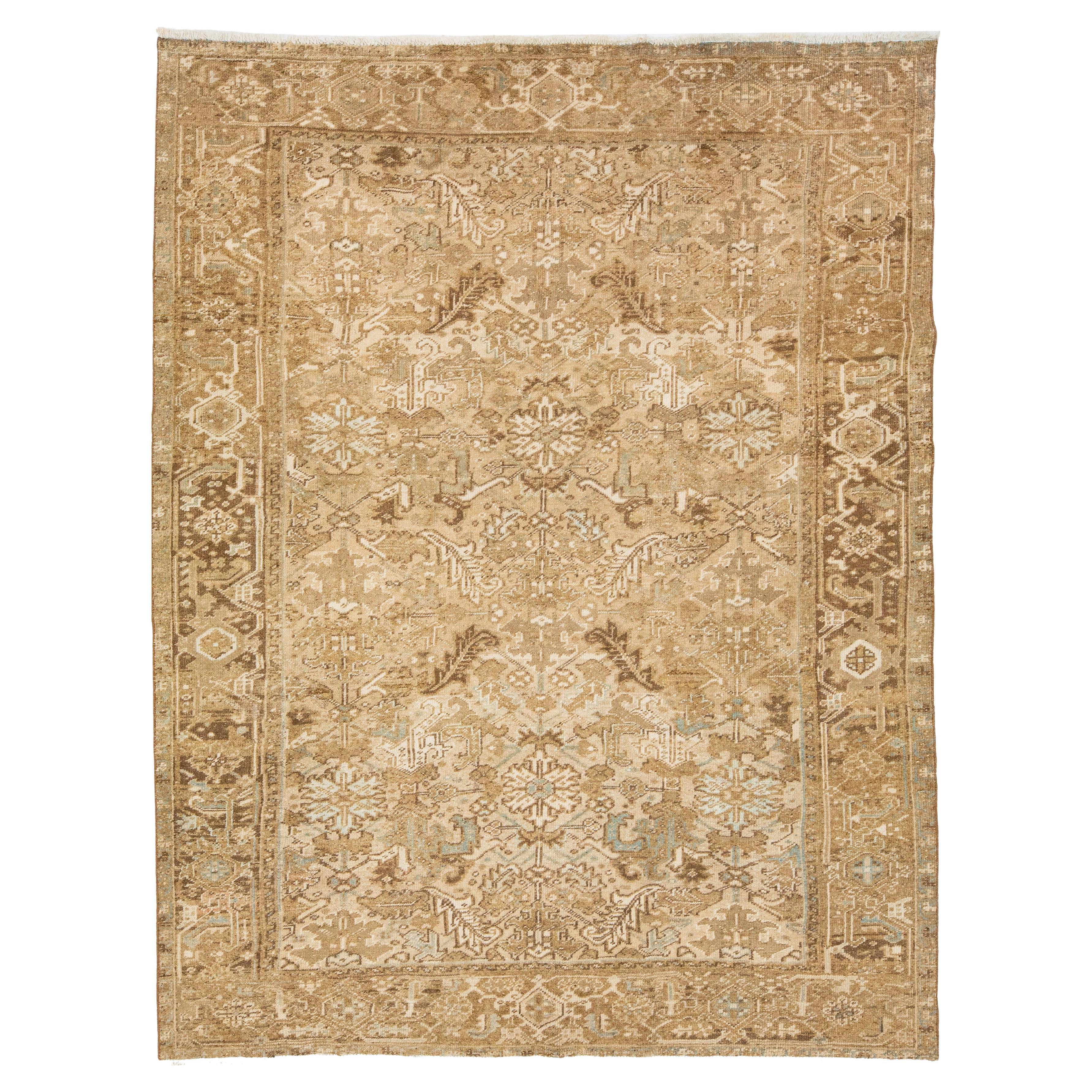 A Vintage Allover Designed Persian Heriz Wool Rug Handmade In Beige
