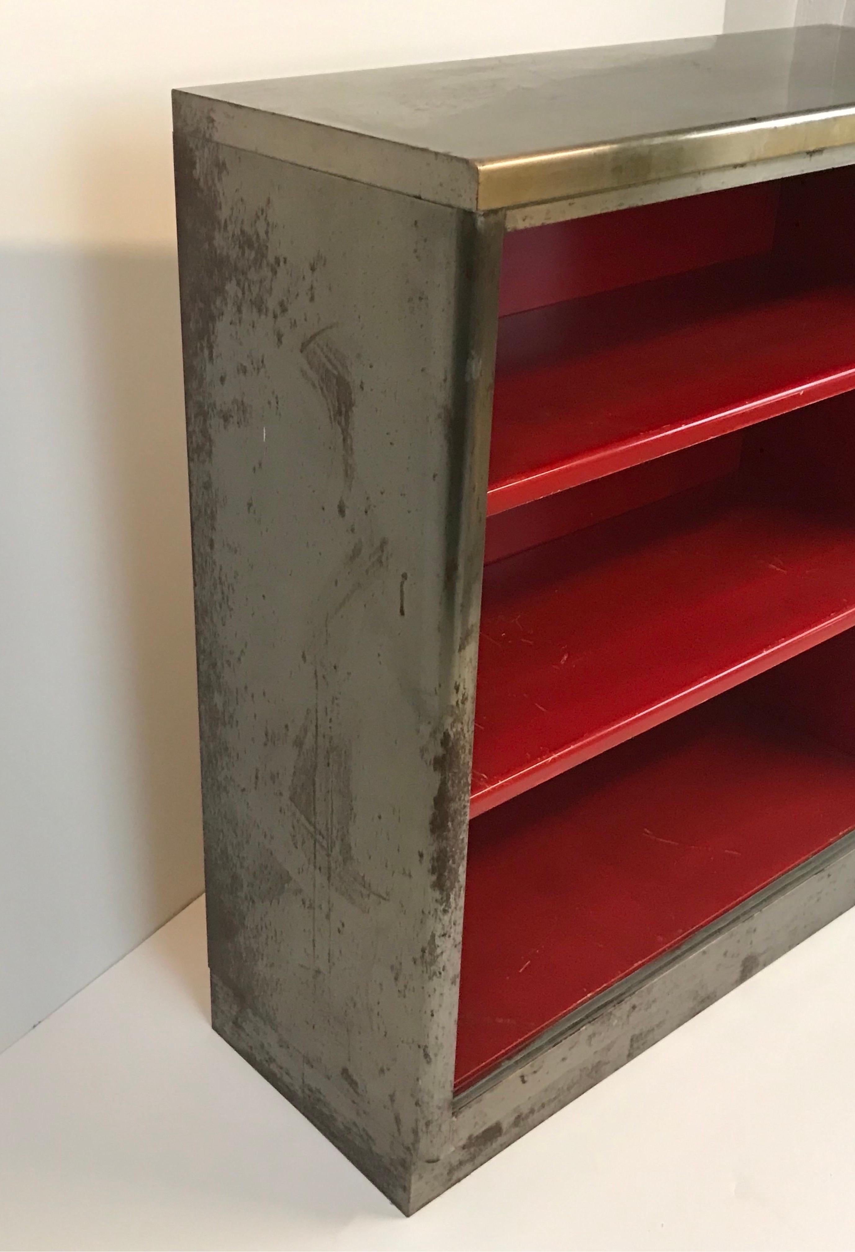 Mid-20th Century Vintage Art Metal Inc Steel Three Shelf Book Case with Bright Red Interior For Sale