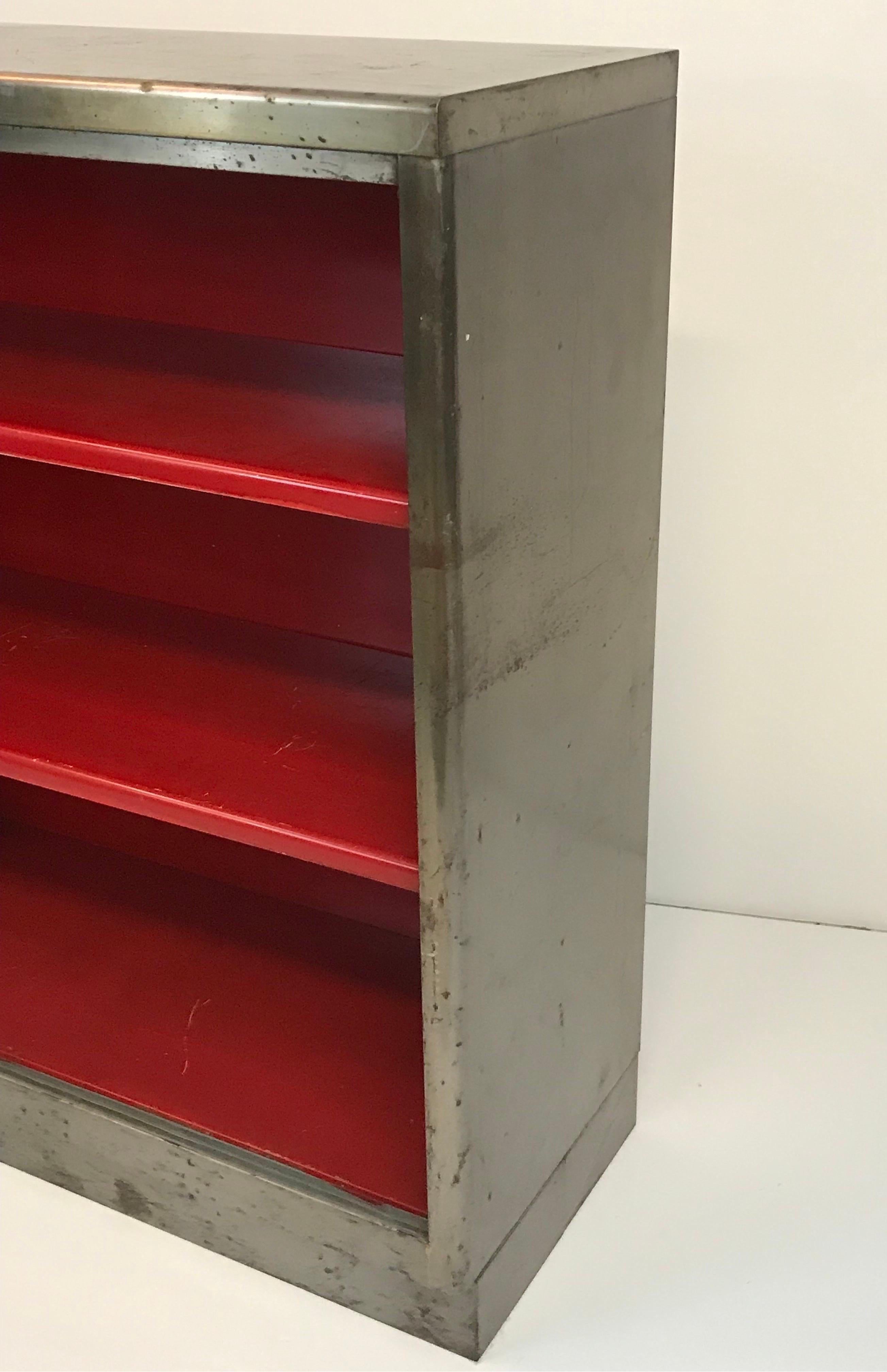 Vintage Art Metal Inc Steel Three Shelf Book Case with Bright Red Interior For Sale 3