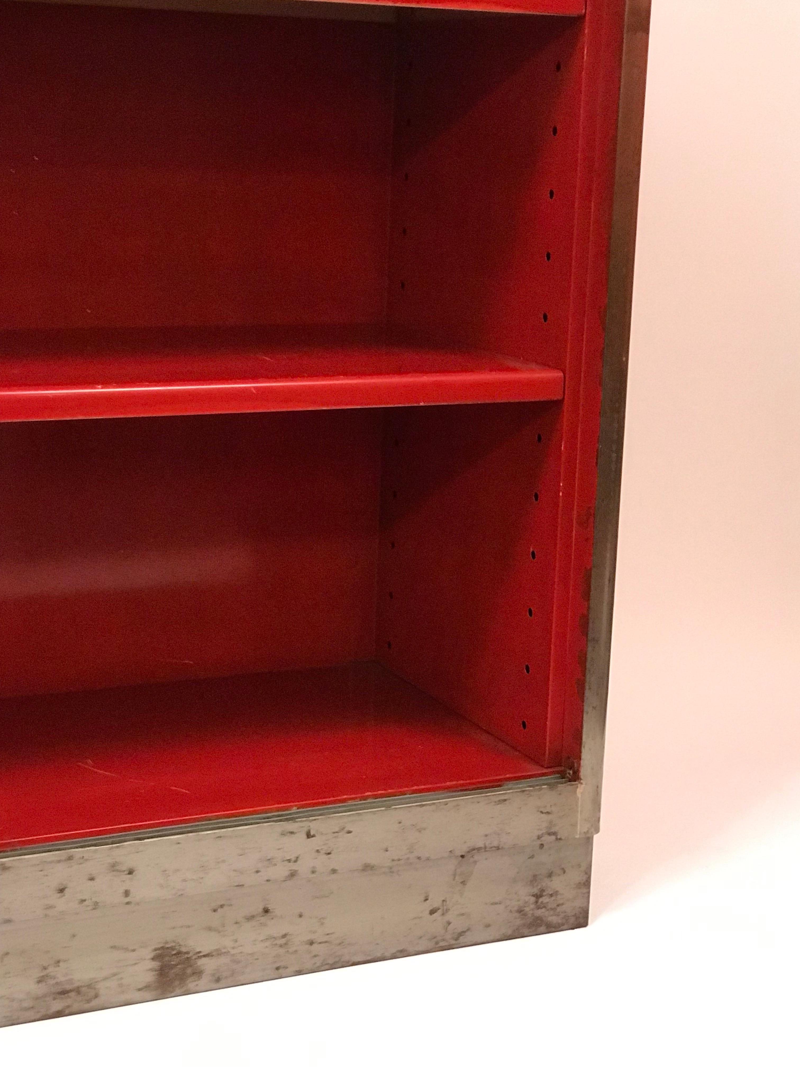 Vintage Art Metal Inc Steel Three Shelf Book Case with Bright Red Interior For Sale 4