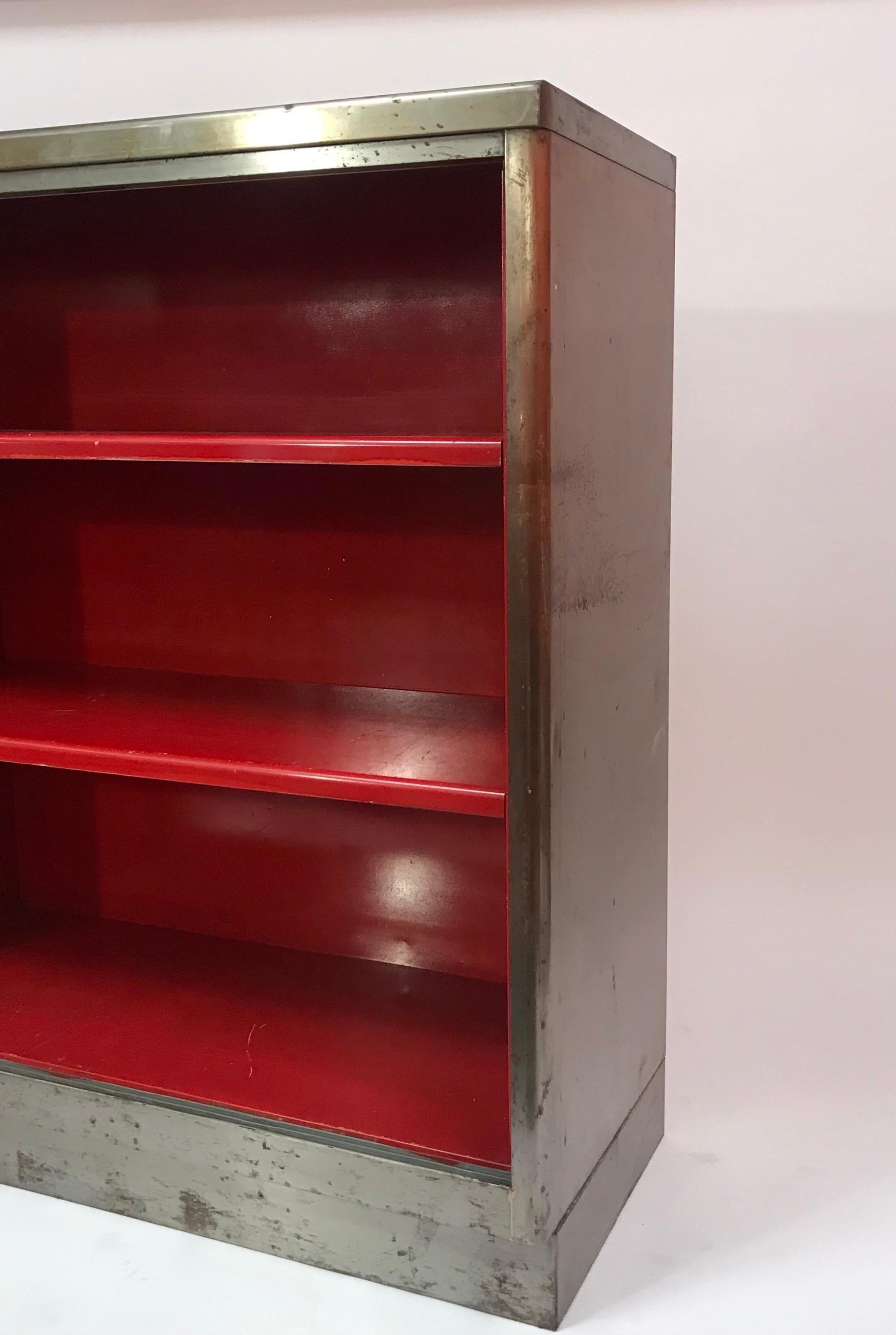 Mid-Century Modern Vintage Art Metal Inc Steel Three Shelf Book Case with Bright Red Interior For Sale