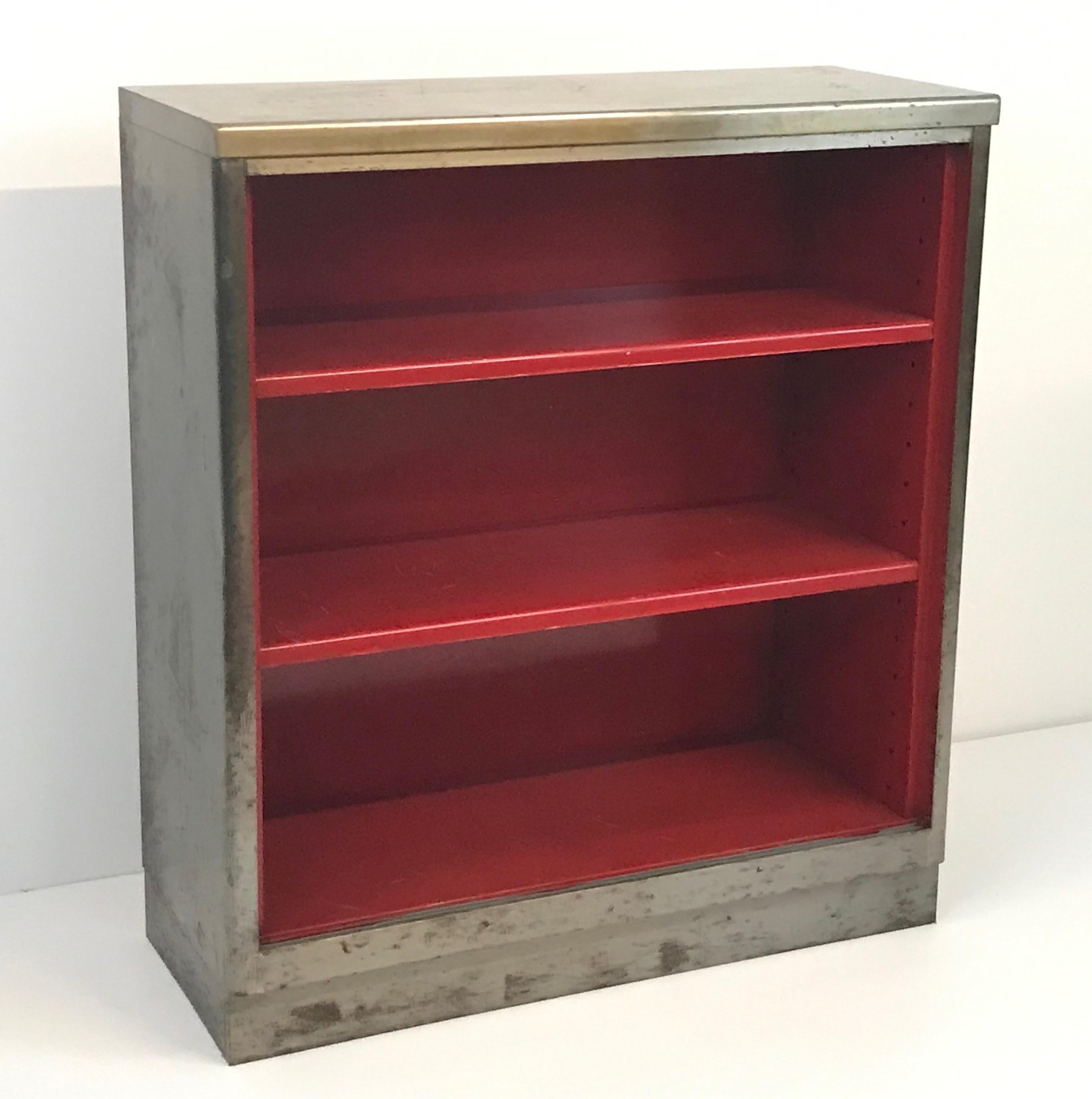 Vintage Art Metal Inc Steel Three Shelf Book Case with Bright Red Interior For Sale