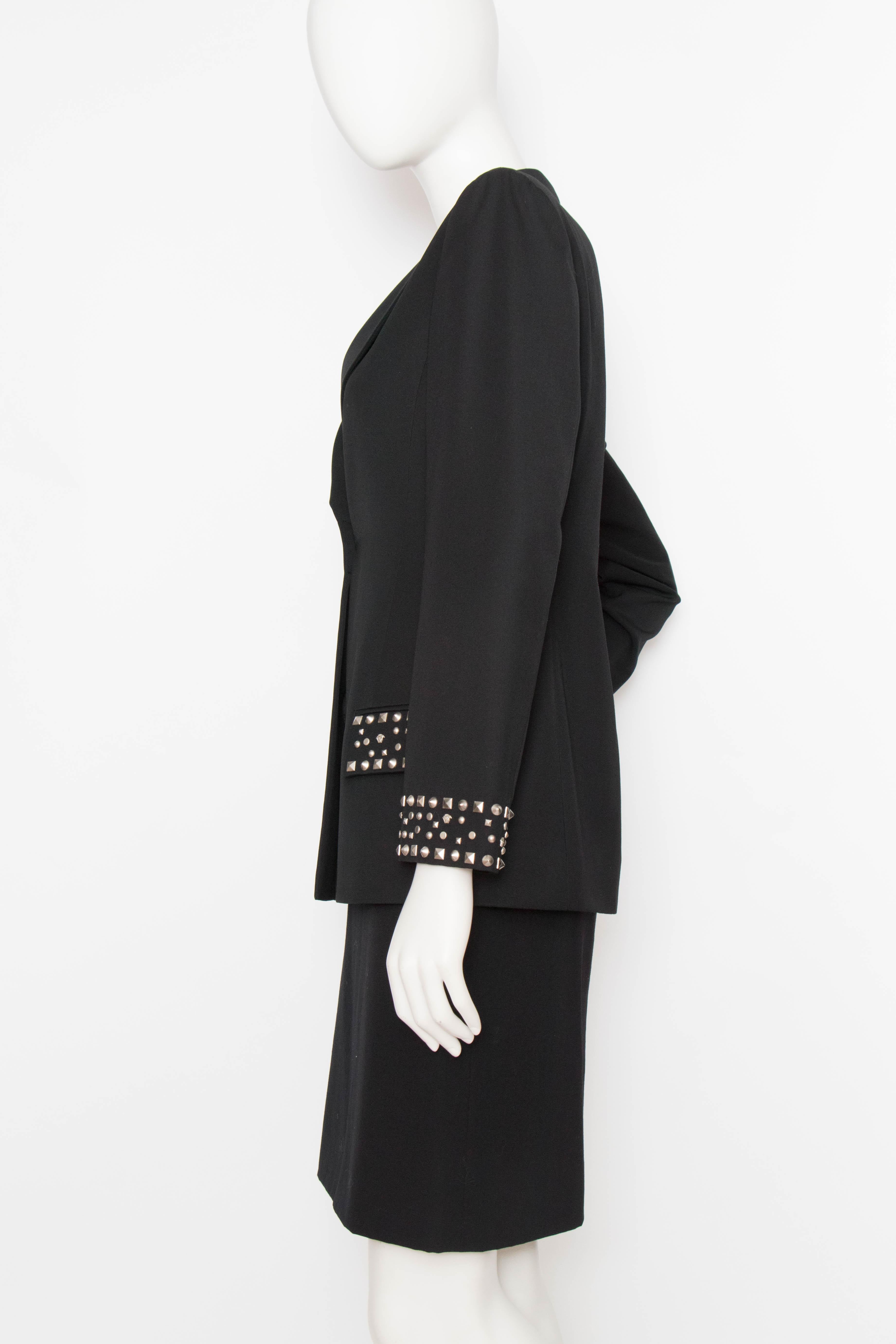 A Vintage Black Gianni Versace Couture Studded Wool Skirt Suit  In Good Condition In Copenhagen, DK