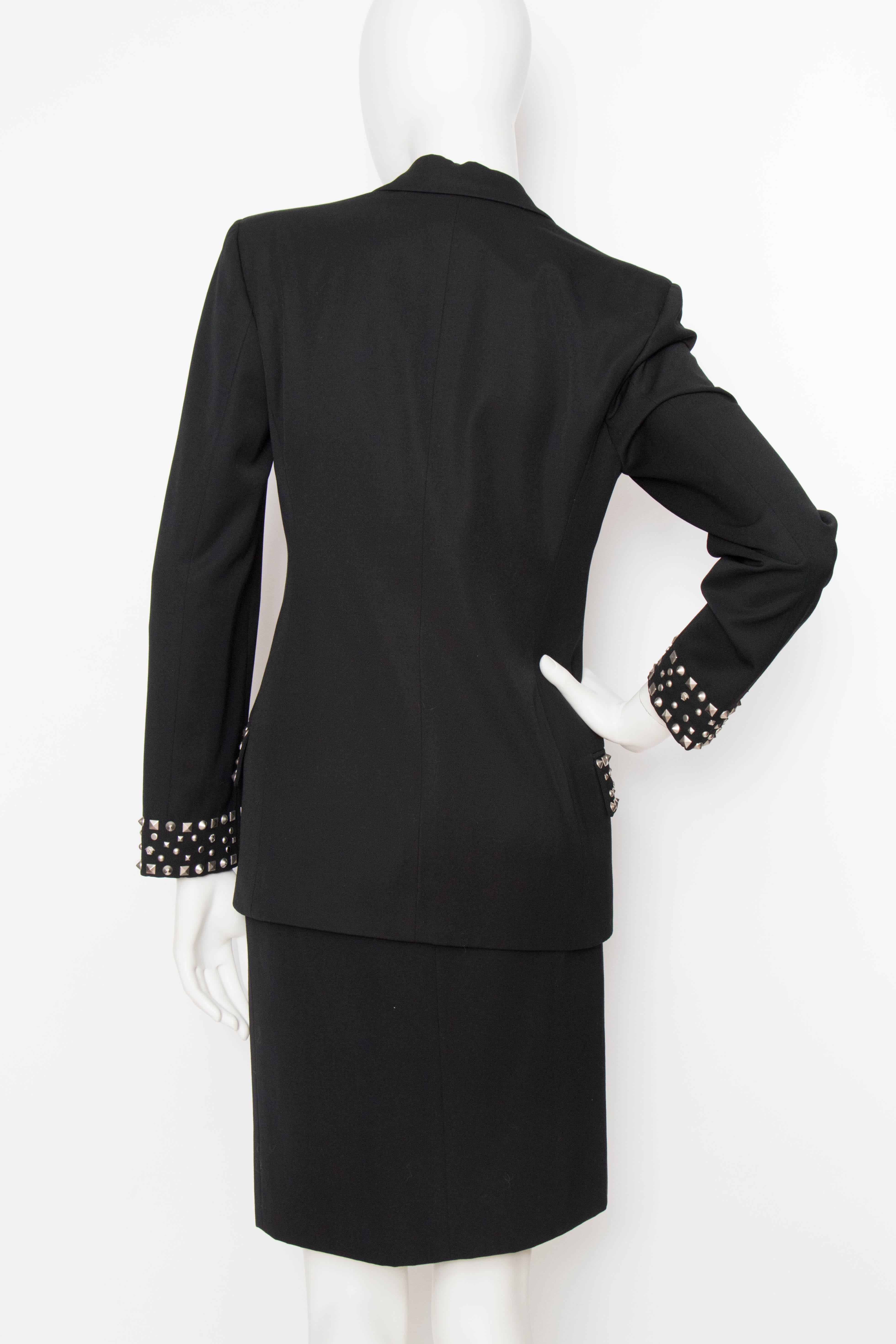 Women's or Men's A Vintage Black Gianni Versace Couture Studded Wool Skirt Suit 