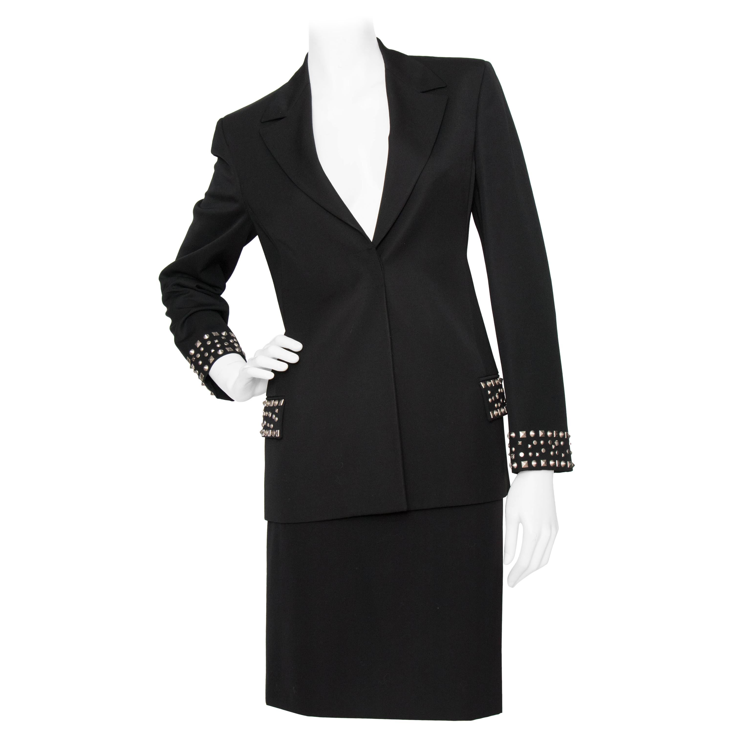 A Vintage Black Gianni Versace Couture Studded Wool Skirt Suit 