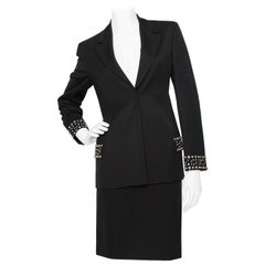 A Vintage Black Gianni Versace Couture Studded Wool Skirt Suit