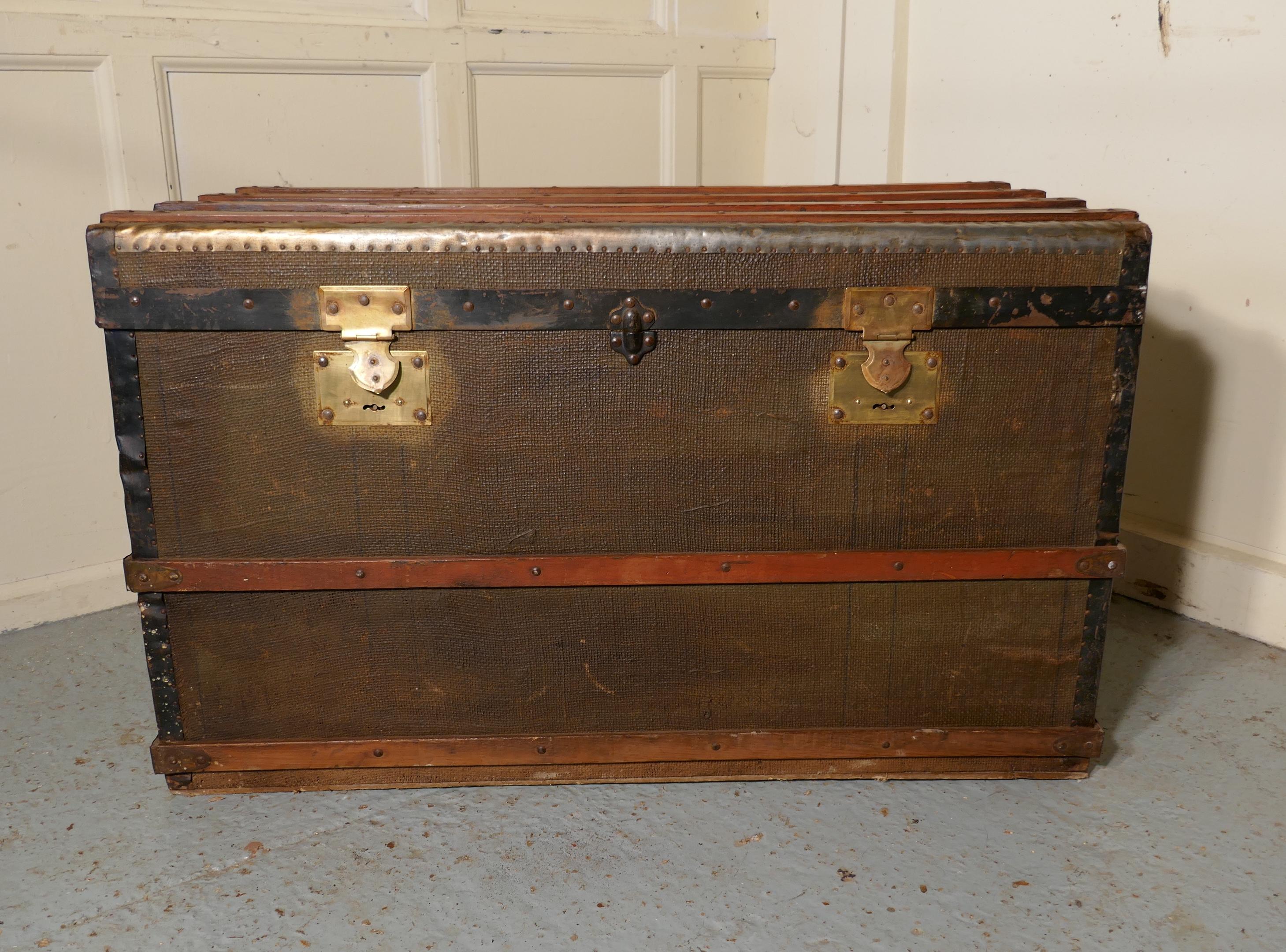 Victorian A Vintage Brass and Bound Canvas Travel Steamer Trunk  A very useful decorative  For Sale