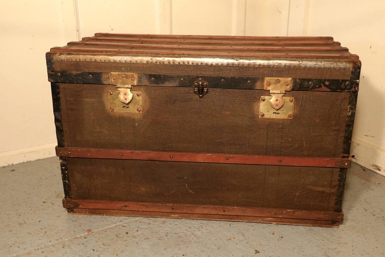 Vintage Brass and Bound Canvas Travel Steamer Trunk For Sale at 1stdibs