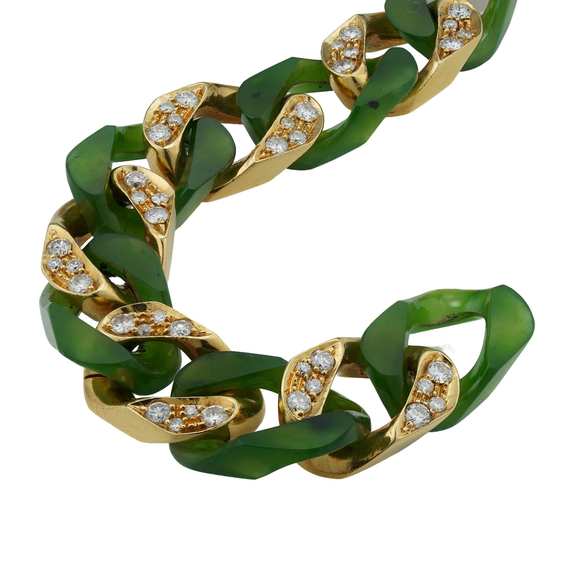 A vintage Carimati nephrite, diamond and gold bracelet, consisting of nine carved nephrite links connected with nine yellow gold diamond-set links, the round brilliant-cut diamonds estimated to weigh 2.7 carats in total, all grain-set in yellow