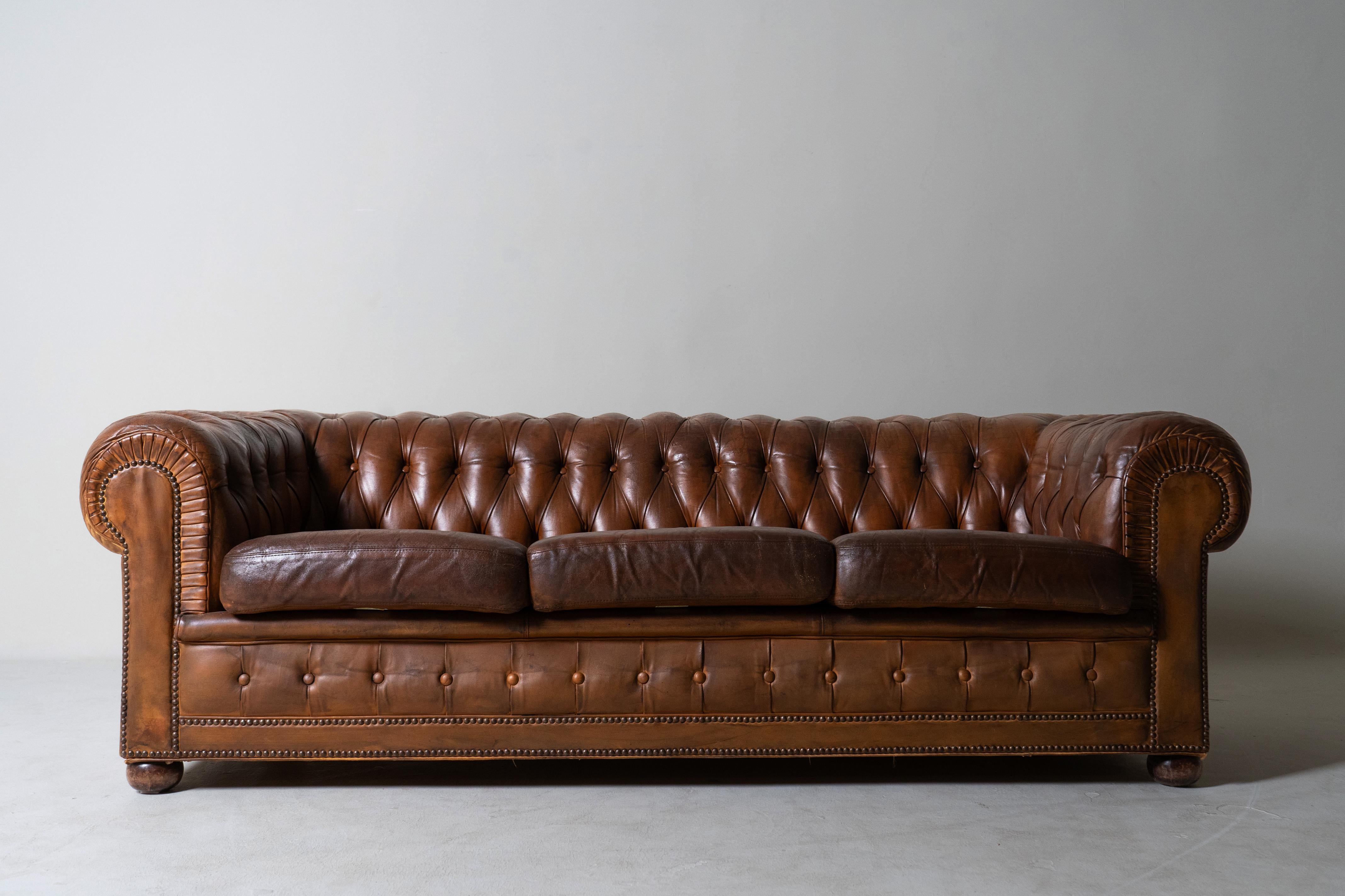 French A Vintage Chesterfield Leather Sofa, France c.1960 For Sale