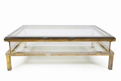 Table basse vintage en chrome, laiton et verre plexi avec plateau coulissant