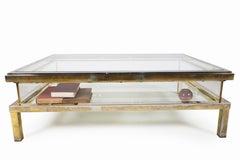 Table basse vintage en chrome, laiton et verre plexi avec plateau coulissant