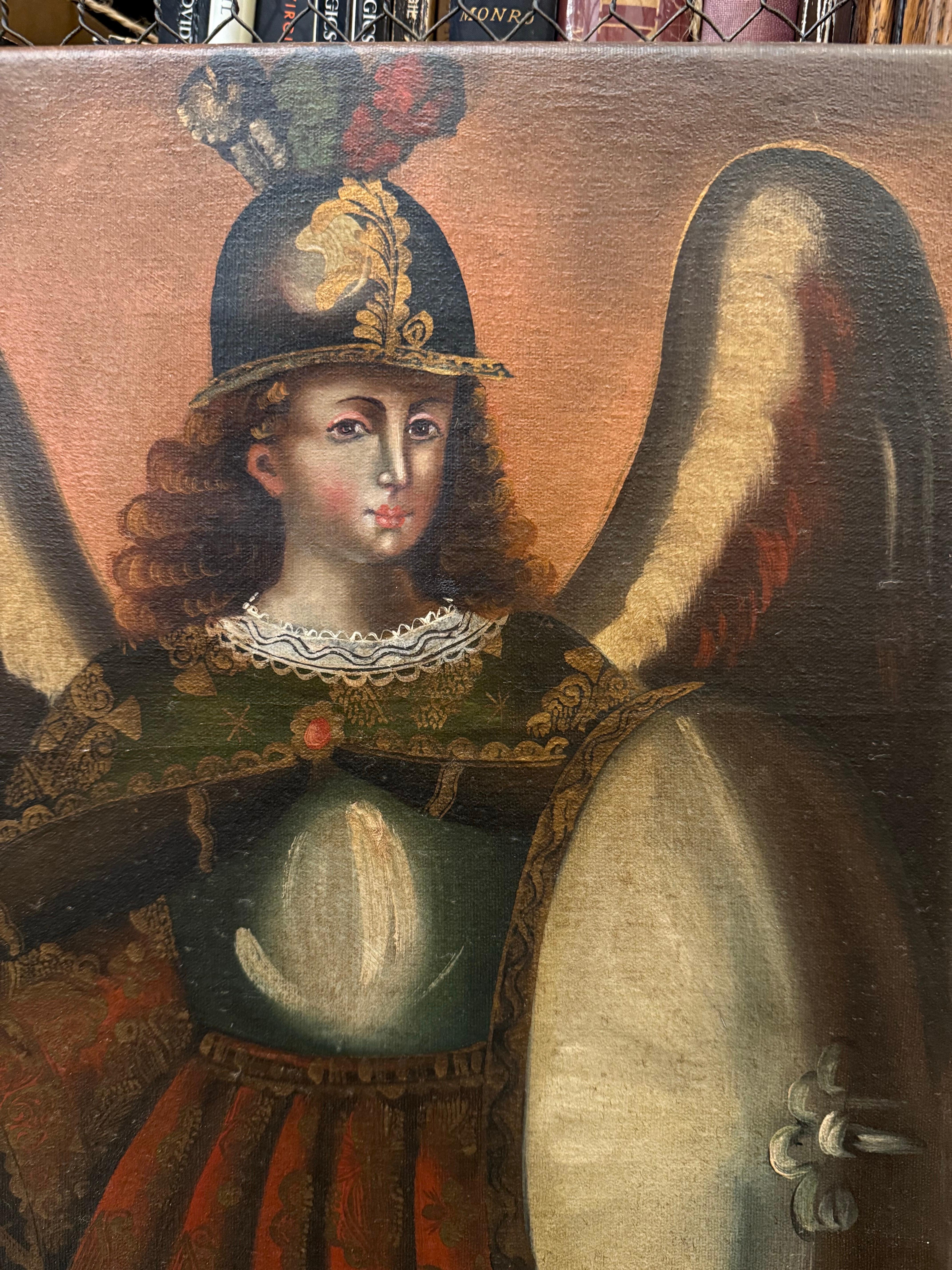 Ein Vintage Cuzco Schule Gemälde von Saint Miguel Archangel Öl auf Leinwand (Spanisch Kolonial) im Angebot
