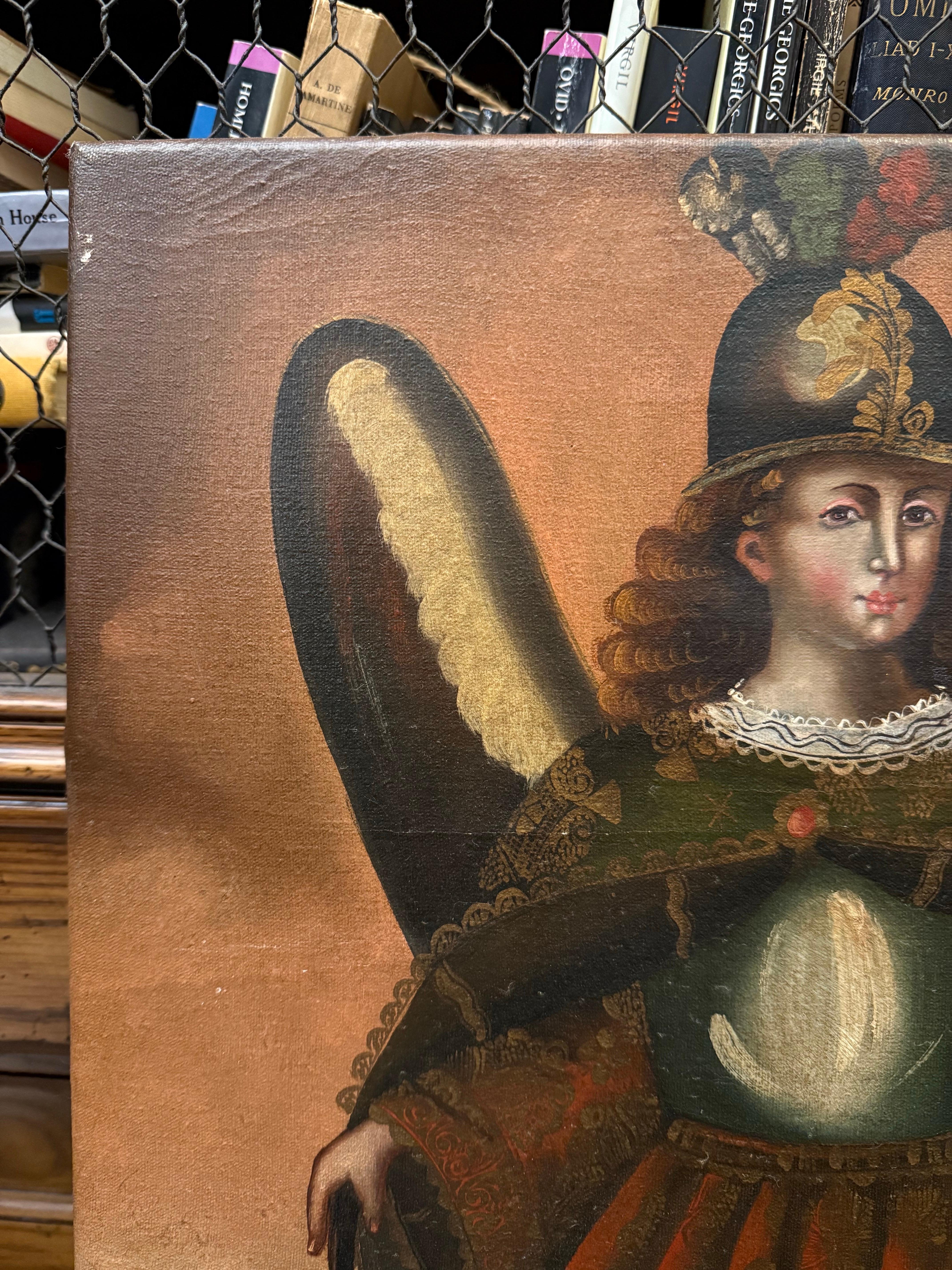 Ein Vintage Cuzco Schule Gemälde von Saint Miguel Archangel Öl auf Leinwand im Zustand „Gut“ im Angebot in ARMADALE, VIC