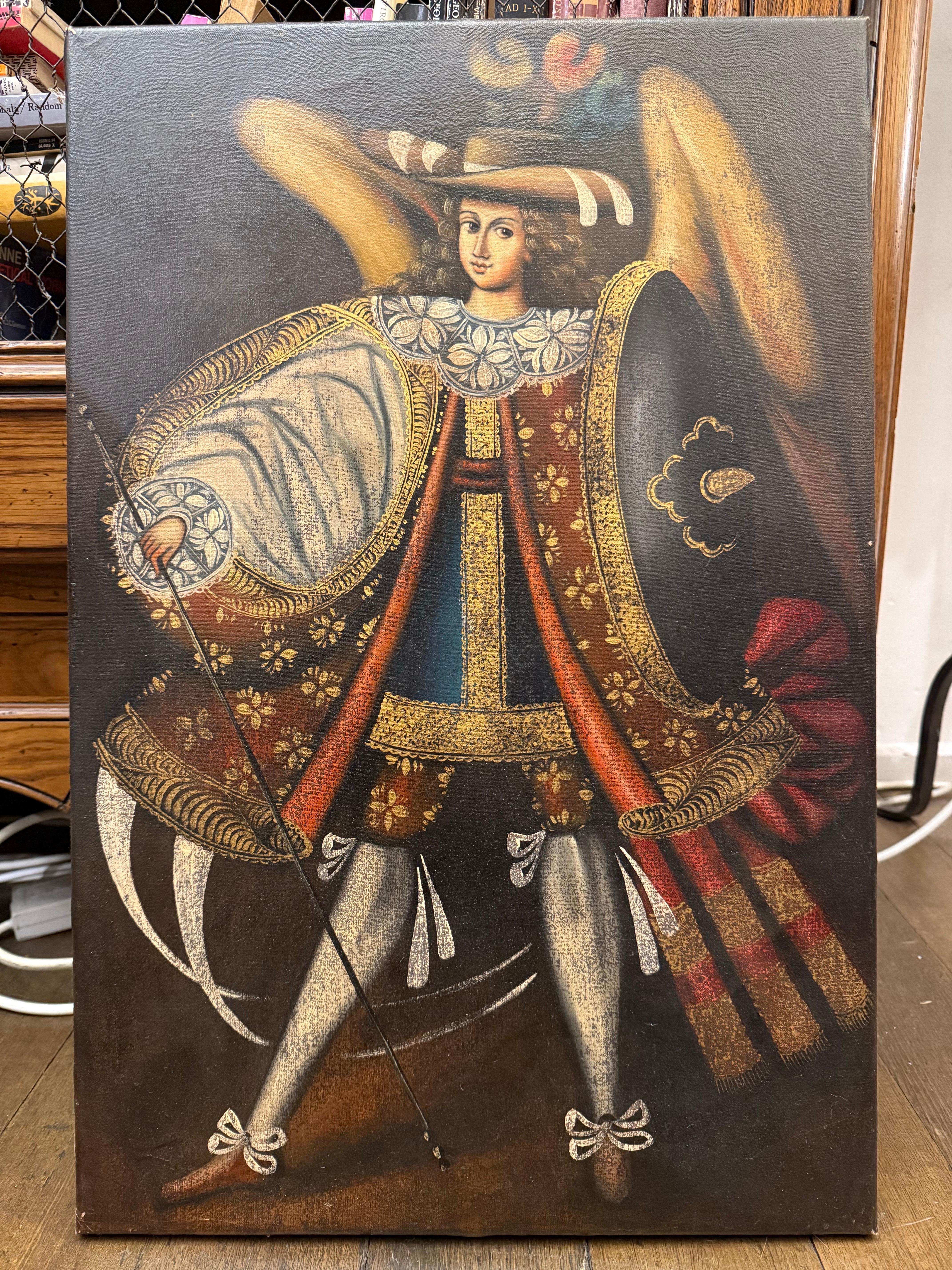 A Vintage Cuzco Spanisch Kolonial Erzengel Arcabucero Ölgemälde, Mitte des 20.

Provenienz: Private Australian Collection'S.

Abmessungen:
Höhe: 59,5 cm.
Breite: 39,5 cm.
Tiefe: 2 cm.