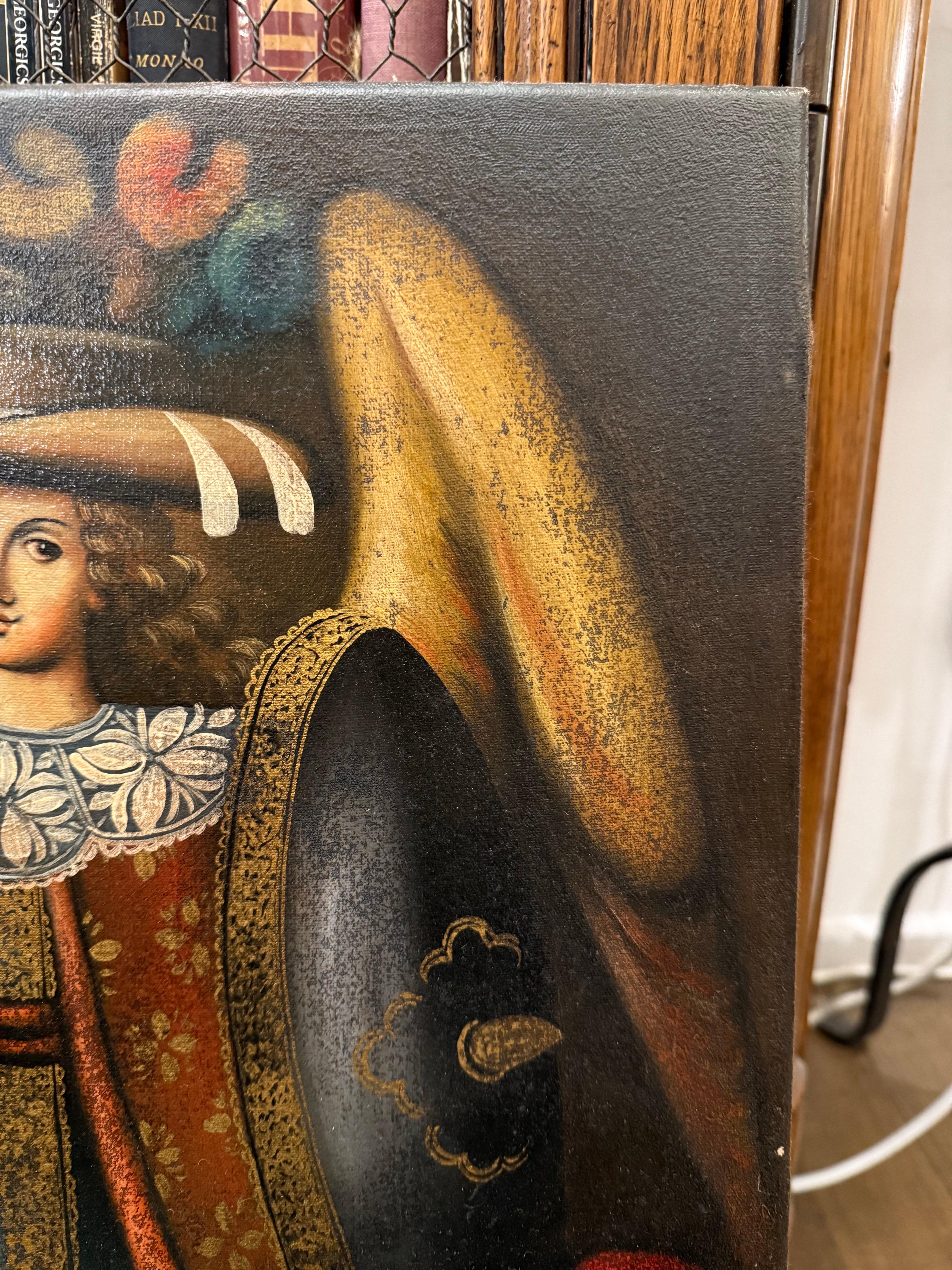 A Vintage Cuzco Spanisch Kolonial Erzengel Arcabucero Ölgemälde im Zustand „Gut“ im Angebot in ARMADALE, VIC
