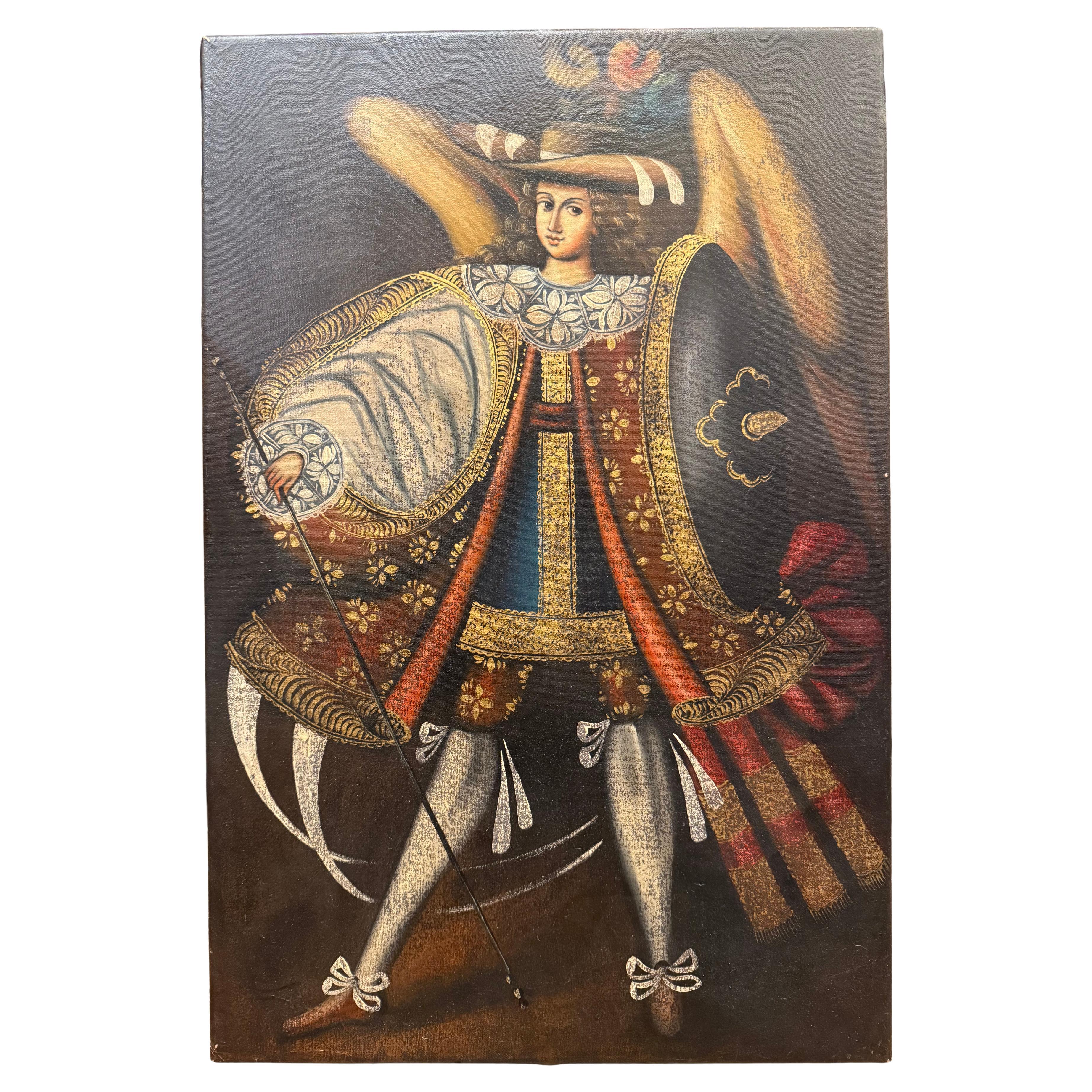 A Vintage Cuzco Spanisch Kolonial Erzengel Arcabucero Ölgemälde im Angebot