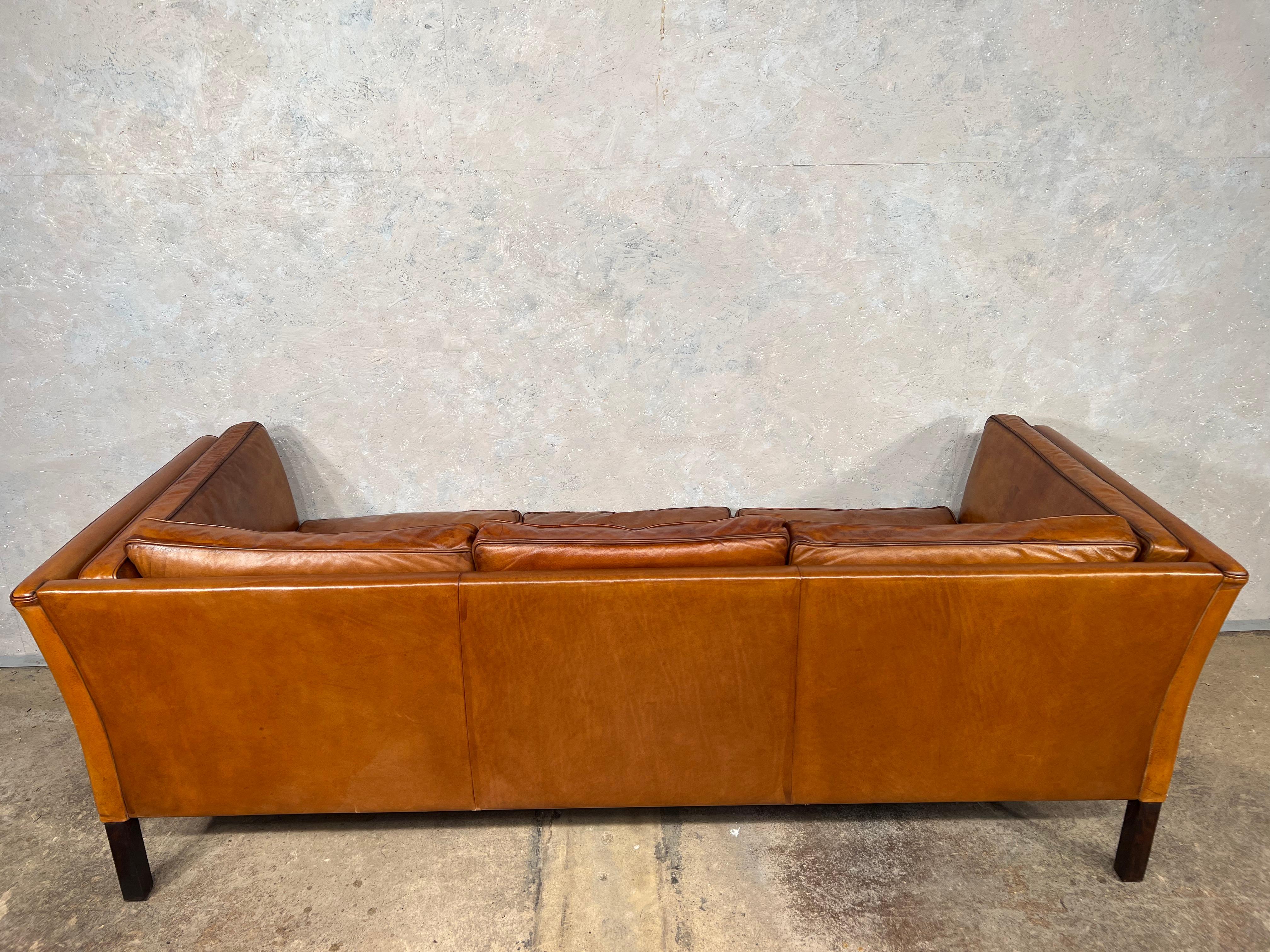 A Vintage Danish 70 s Mid Century Tan Three Seater Leather Sofa 6
