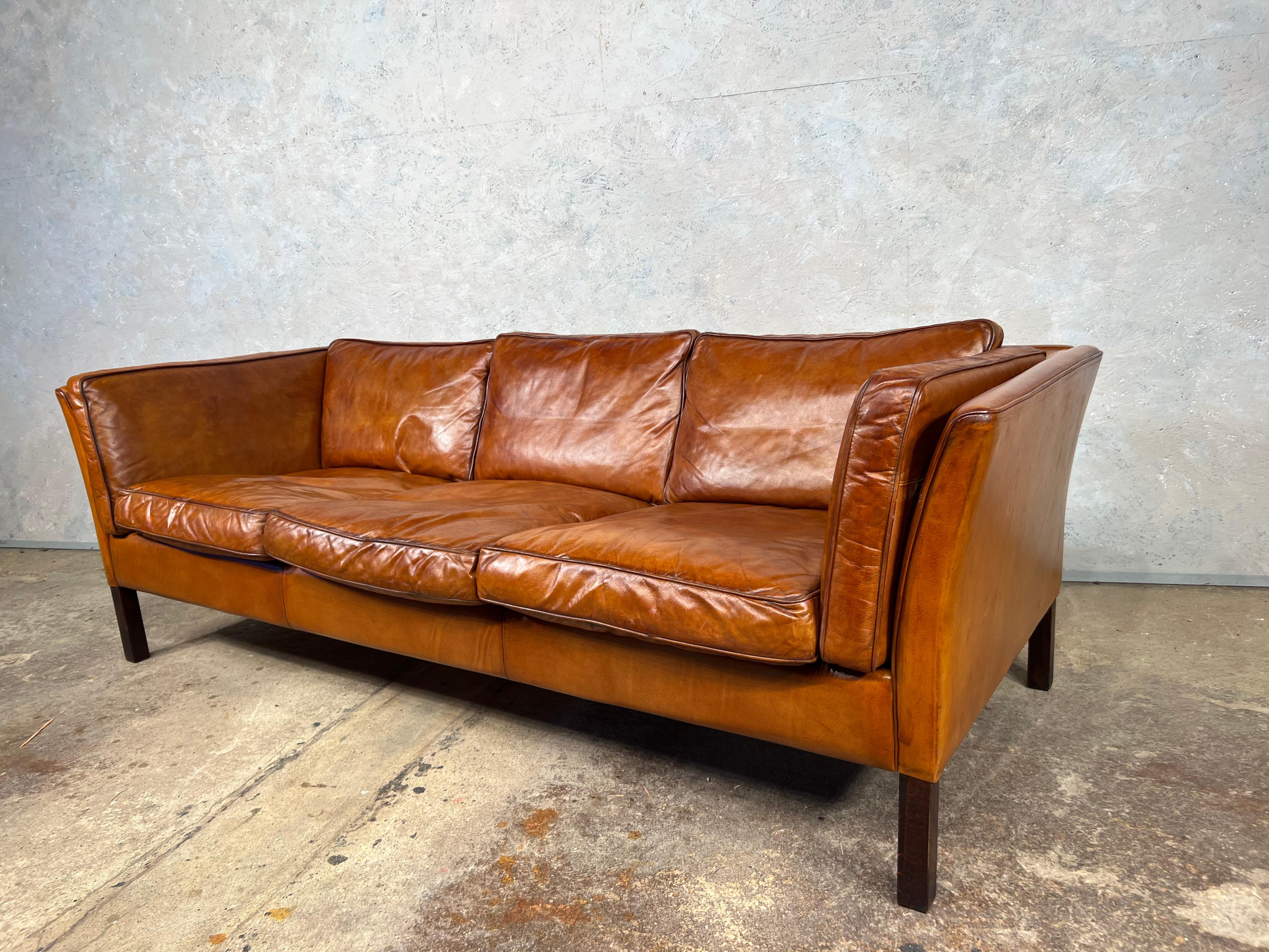 20th Century A Vintage Danish 70 s Mid Century Tan Three Seater Leather Sofa