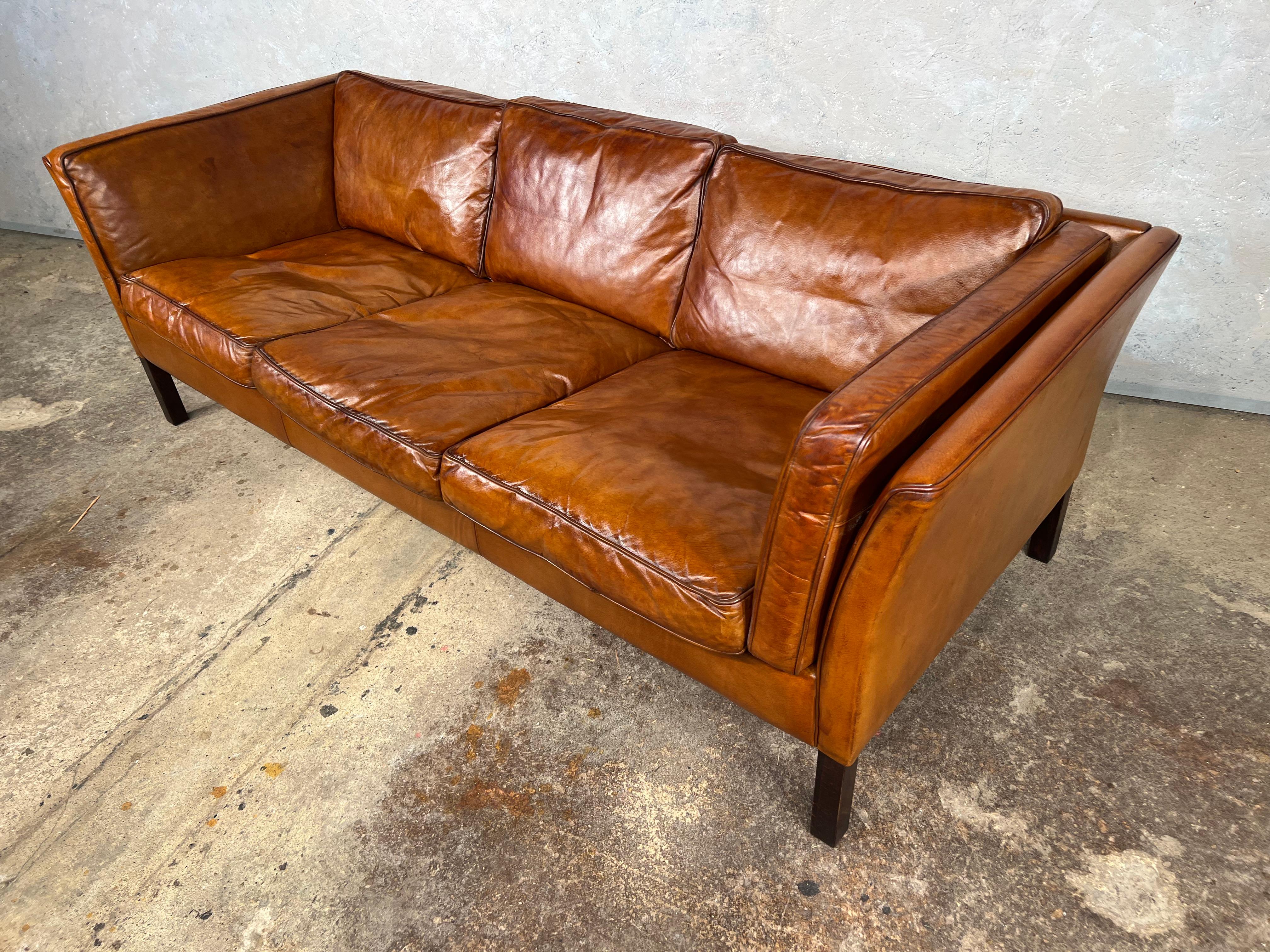 A Vintage Danish 70 s Mid Century Tan Three Seater Leather Sofa 1
