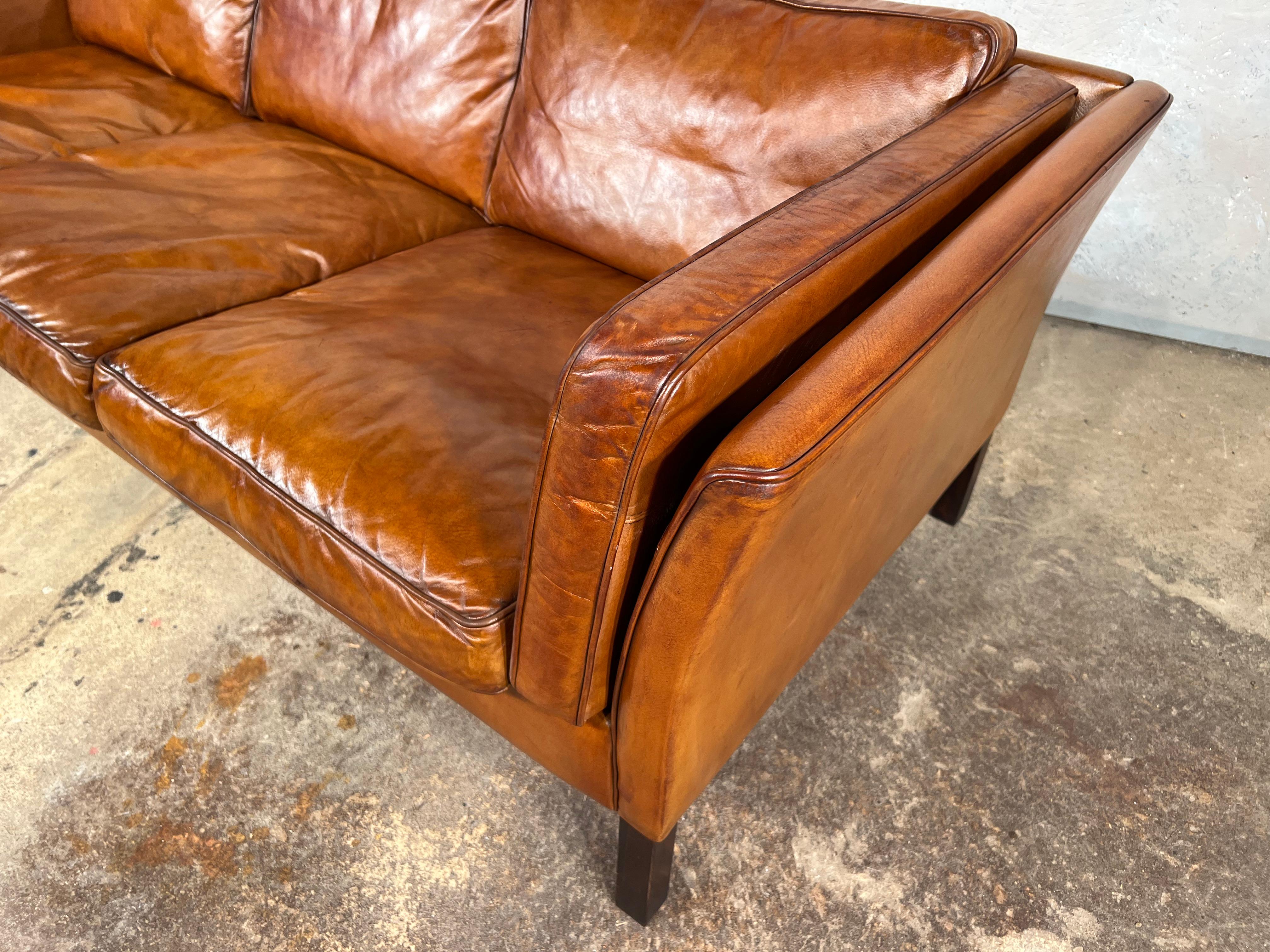 A Vintage Danish 70 s Mid Century Tan Three Seater Leather Sofa 3