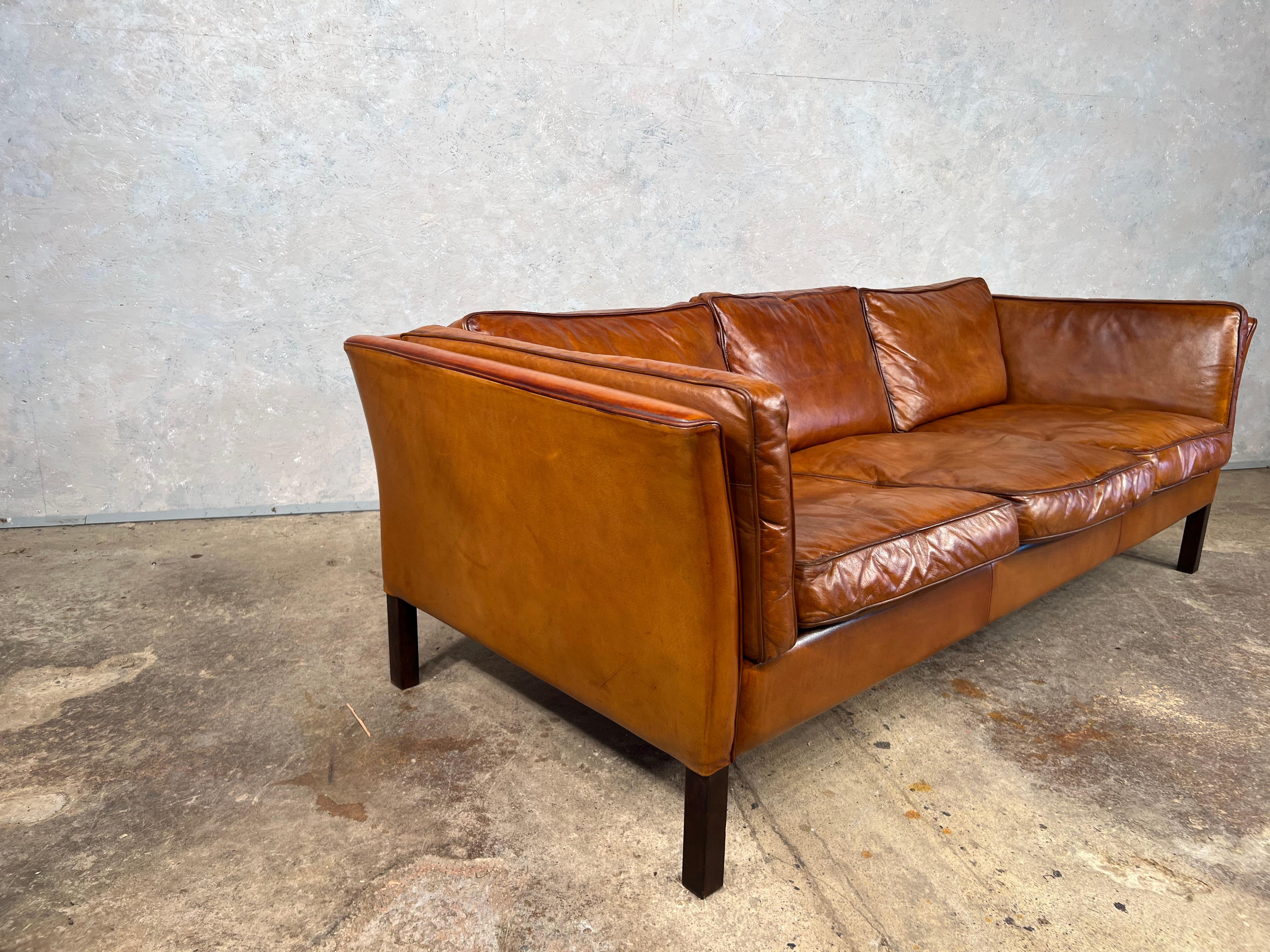 A Vintage Danish 70 s Mid Century Tan Three Seater Leather Sofa 5