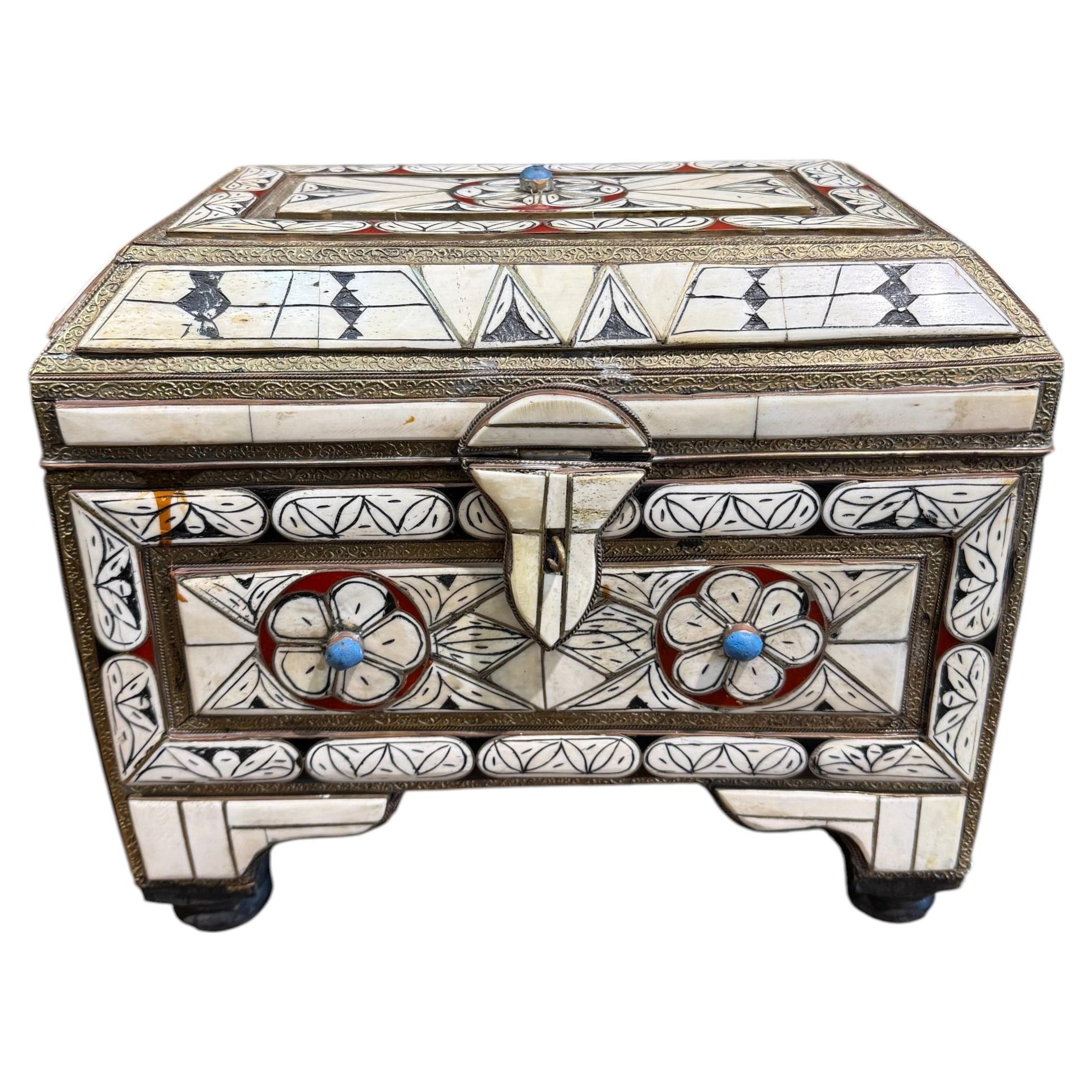 A Vintage Decorative Bone with Turquoise and Red Inlay Box. Handles on each side