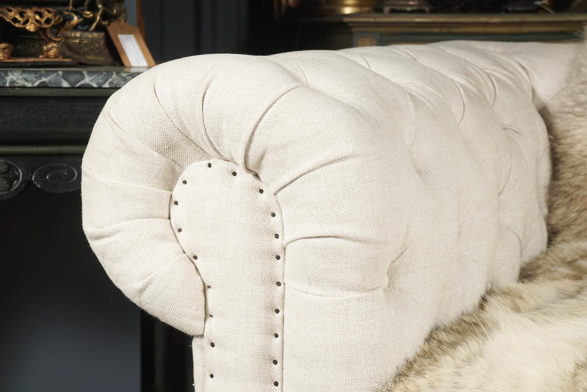 Limed Vintage Edwardian Style Linen Upholstered Button Tufted Chesterfield Sofa For Sale
